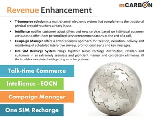 Revenue Enhancement
Talk-time Commerce
Intellience - EOCN
Campaign Manager
One SIM Recharge
• T-Commerce solution is a multi-channel electronic system that complements the traditional
physical prepaid vouchers already in use.
• Intellience notifies customer about offers and new services based on individual customer
attributes to offer them personalized service recommendations at the end of a call.
• Campaign Manager offers a comprehensive approach for creation, execution, delivery and
monitoring of scheduled interactive surveys, promotional alerts and key messages.
• One SIM Recharge System brings together Telcos recharge distribution, retailers and
customers in an extremely seamless and proficient manner and completely eliminates all
the troubles associated with getting a recharge done.
 