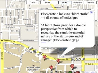 Fleckenstein looks to “biorhetoric” – a discourse of bodysigns.  “ A biorhetoric provides a double perspective from which to recognize the semiotic-material nature of the status quo and of change” (Fleckenstein 329). 