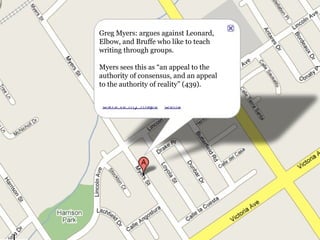 Greg Myers: argues against Leonard, Elbow, and Bruffe who like to teach writing through groups.  Myers sees this as “an appeal to the authority of consensus, and an appeal to the authority of reality” (439).  