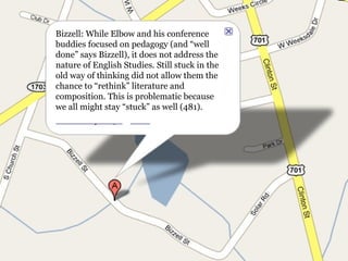 Bizzell: While Elbow and his conference buddies focused on pedagogy (and “well done” says Bizzell), it does not address the nature of English Studies. Still stuck in the old way of thinking did not allow them the chance to “rethink” literature and composition. This is problematic because we all might stay “stuck” as well (481). 