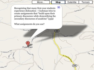 Recognizing that many first-year students experience dislocation – Cushman tries to create assignments that “build upon their primary discourses while demystifying the secondary discourses of academe” (359) What assignments do you use? 
