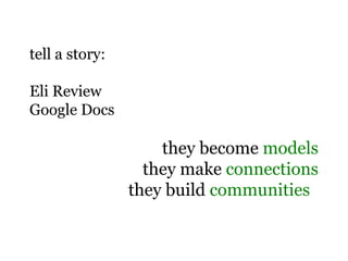 tell a story:
Eli Review
Google Docs
they become models
they make connections
they build communities
 