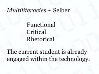 Multiliteracies  ~ Selber Functional Critical Rhetorical The current student is already engaged within the technology.  
