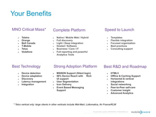 Your Benefits

MNO Critical Mass*                     Complete Platform                                                 Speed to Launch
    !    Telstra                      !    Native / Mobile Web / Hybrid                                      !      Templates
    !    Orange                       !    Full discovery                                                    !      Flexible integration
    !    Bell Canada                  !    Light / Deep integration                                          !      Focused organization
    !    T-Mobile                     !    Hosted / Software                                                 !      Best practices
    !    Telus                        !    Business / Care / IT                                              !      Consulting support
    !    Vodafone                     !    Full reporting and powerful
                                           Analytics Tools




Best Technology                        Strong Adoption Platform                                         Best R&D and Roadmap
    !    Device detection             !    MSISDN Support (Silent login)                                     !      HTML5
    !    Device adaptation            !    98% Device Reach with Rich                                        !      Offline & Caching Support
    !    Discovery                         UI support                                                        !      Horizontal & vertical
    !    Latency management           !    User Segmentation                                                        integrations
    !    Integration                  !    Icon Delivery                                                     !      Social networking
                                      !    Event Based Messaging                                             !      Peer-to-Peer self-care
                                           Support                                                           !      Customer insight
                                                                                                             !      Advanced Analytics



* Telco vertical only: large clients in other verticals include Wal-Mart, Lottomatica, Air France/KLM

                                                                                    This document is strictly CONFIDENTIAL © MobileAware Ltd.
                                                                     All trademarks, creations, visuals are the property of their respective owners.
 