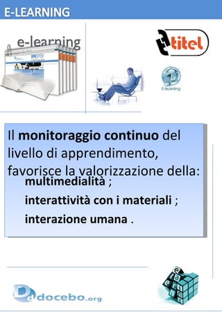 Il  monitoraggio continuo  del livello di apprendimento, favorisce la valorizzazione della: multimedialità  ; interattività con i materiali  ; interazione umana  . 