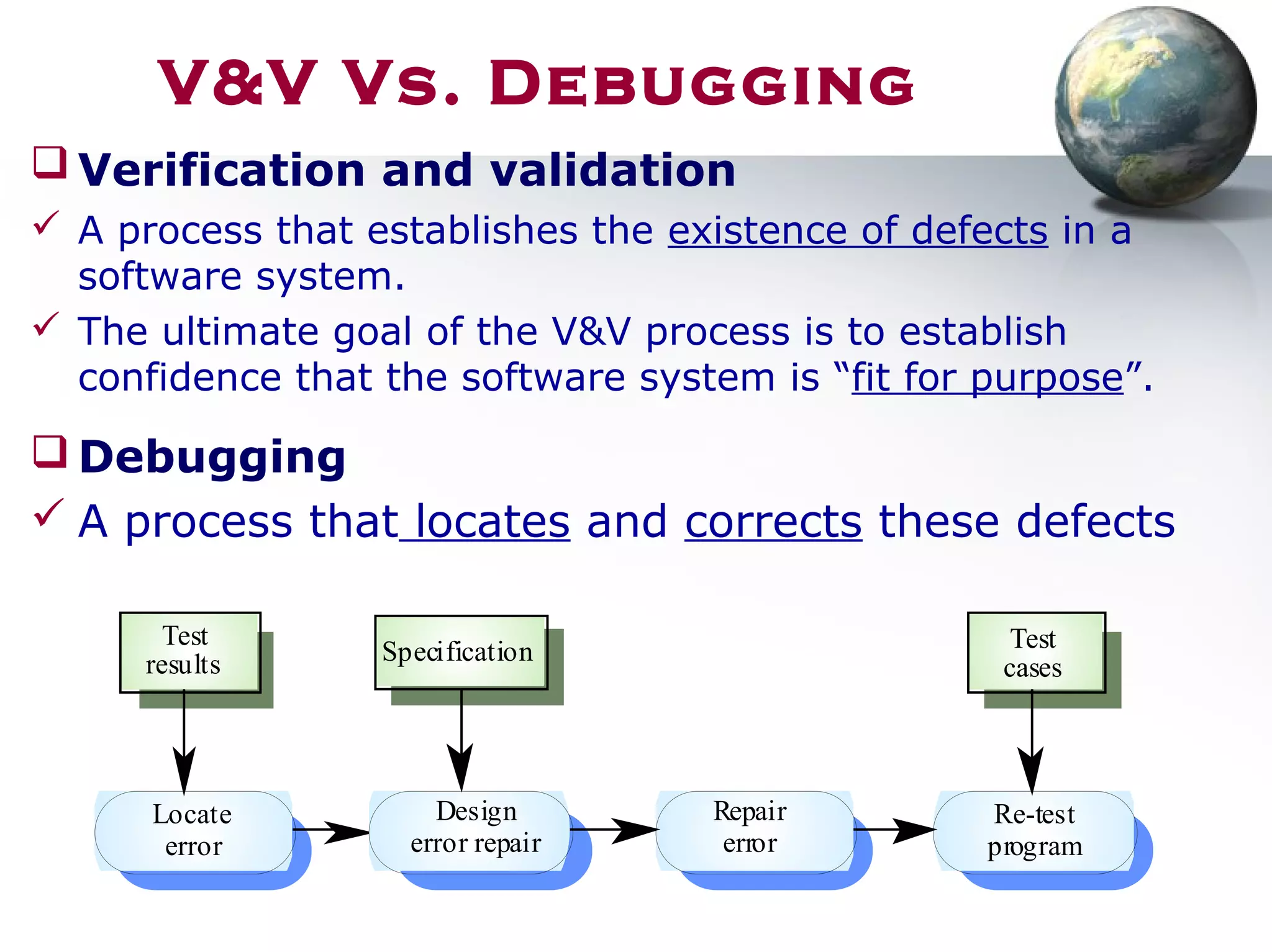 V&V Vs. Debugging
 Verification and validation
 A process that establishes the existence of defects in a
software system.
 The ultimate goal of the V&V process is to establish
confidence that the software system is “fit for purpose”.
 Debugging
 A process that locates and corrects these defects
Locate
error
Design
error repair
Repair
error
Re-test
program
Test
results Specification Test
cases
 