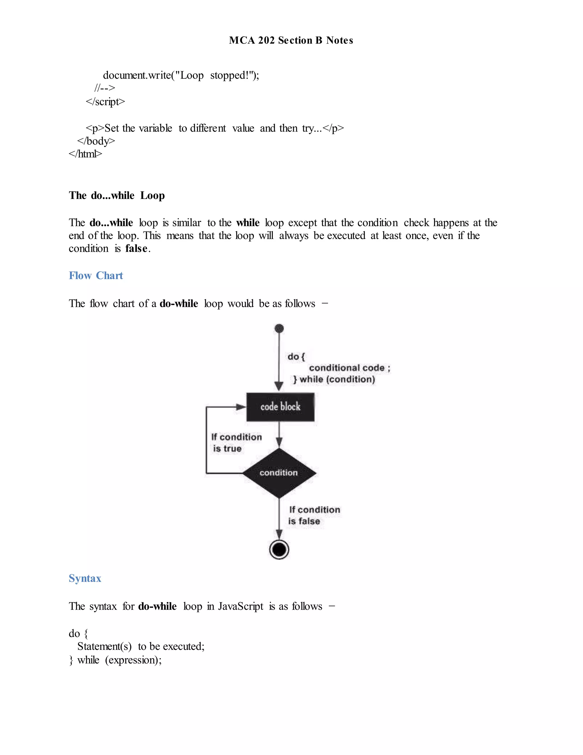 MCA 202 Section B Notes
document.write("Loop stopped!");
//-->
</script>
<p>Set the variable to different value and then try...</p>
</body>
</html>
The do...while Loop
The do...while loop is similar to the while loop except that the condition check happens at the
end of the loop. This means that the loop will always be executed at least once, even if the
condition is false.
Flow Chart
The flow chart of a do-while loop would be as follows −
Syntax
The syntax for do-while loop in JavaScript is as follows −
do {
Statement(s) to be executed;
} while (expression);
 