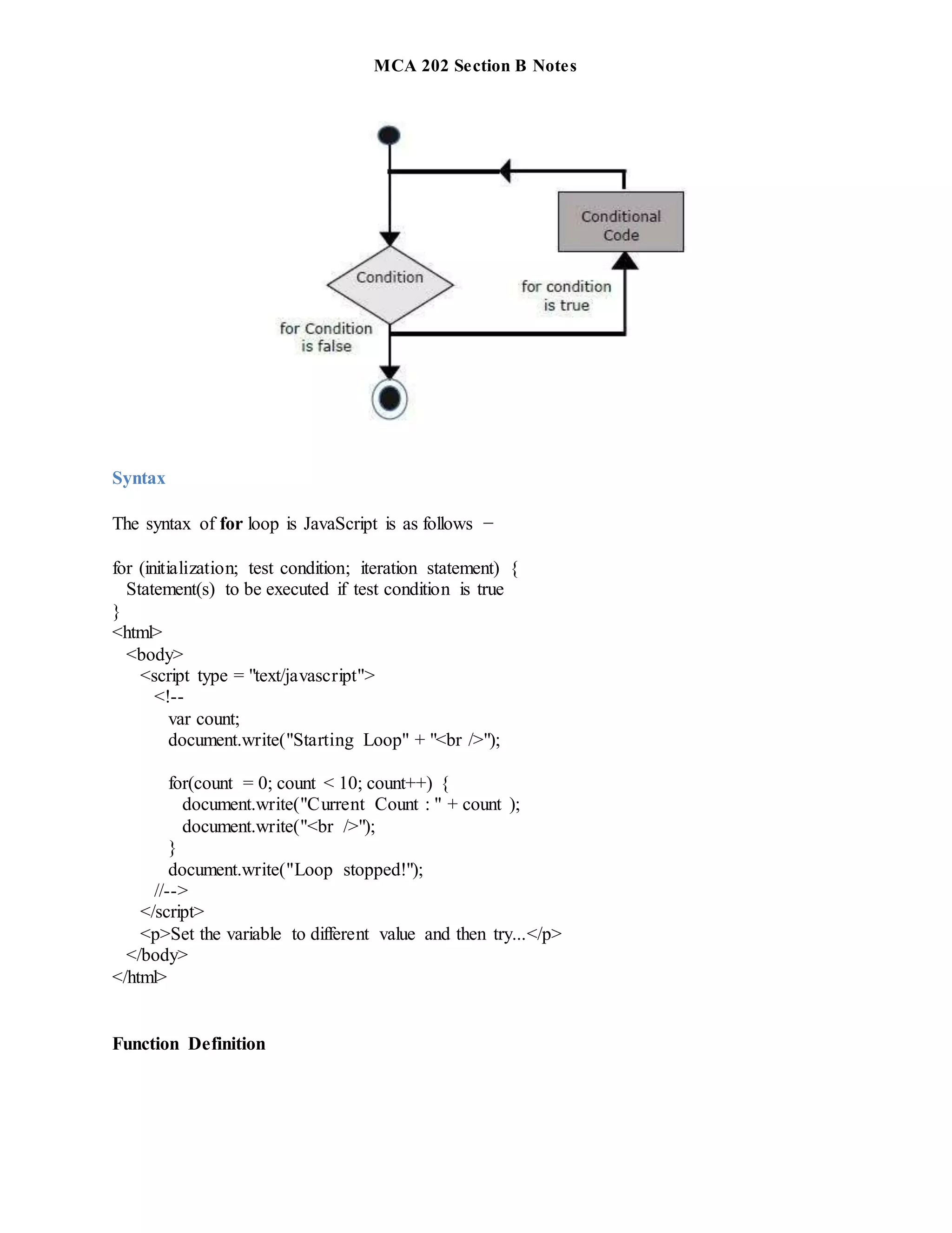 MCA 202 Section B Notes
Syntax
The syntax of for loop is JavaScript is as follows −
for (initialization; test condition; iteration statement) {
Statement(s) to be executed if test condition is true
}
<html>
<body>
<script type = "text/javascript">
<!--
var count;
document.write("Starting Loop" + "<br />");
for(count = 0; count < 10; count++) {
document.write("Current Count : " + count );
document.write("<br />");
}
document.write("Loop stopped!");
//-->
</script>
<p>Set the variable to different value and then try...</p>
</body>
</html>
Function Definition
 