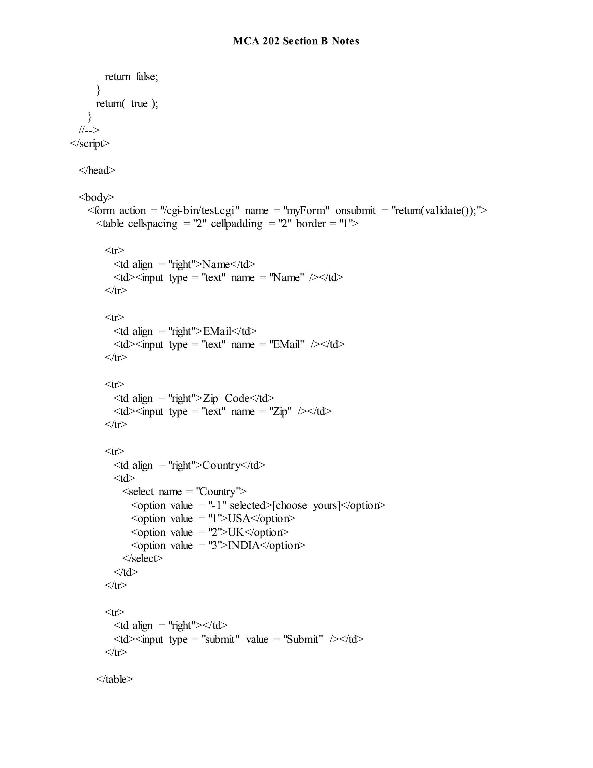 MCA 202 Section B Notes
return false;
}
return( true );
}
//-->
</script>
</head>
<body>
<form action = "/cgi-bin/test.cgi" name = "myForm" onsubmit = "return(validate());">
<table cellspacing = "2" cellpadding = "2" border = "1">
<tr>
<td align = "right">Name</td>
<td><input type = "text" name = "Name" /></td>
</tr>
<tr>
<td align = "right">EMail</td>
<td><input type = "text" name = "EMail" /></td>
</tr>
<tr>
<td align = "right">Zip Code</td>
<td><input type = "text" name = "Zip" /></td>
</tr>
<tr>
<td align = "right">Country</td>
<td>
<select name = "Country">
<option value = "-1" selected>[choose yours]</option>
<option value = "1">USA</option>
<option value = "2">UK</option>
<option value = "3">INDIA</option>
</select>
</td>
</tr>
<tr>
<td align = "right"></td>
<td><input type = "submit" value = "Submit" /></td>
</tr>
</table>
 