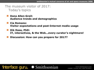 Dana Allen-Greil:  Audience trends and demographics Cia Romano: Visitor expectations and post-Internet media usage Dik Daso, PhD: IT, interactives, & the Web...every curator’s nightmare! Discussion: How can you prepare for 2017? The museum visitor of 2017:  Today’s topics 