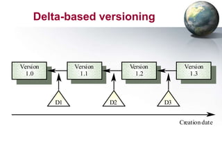 Delta-based versioning



Version        Version        Version         Version
  1.0            1.1            1.2             1.3



          D1             D2             D3


                                             Creation date
 