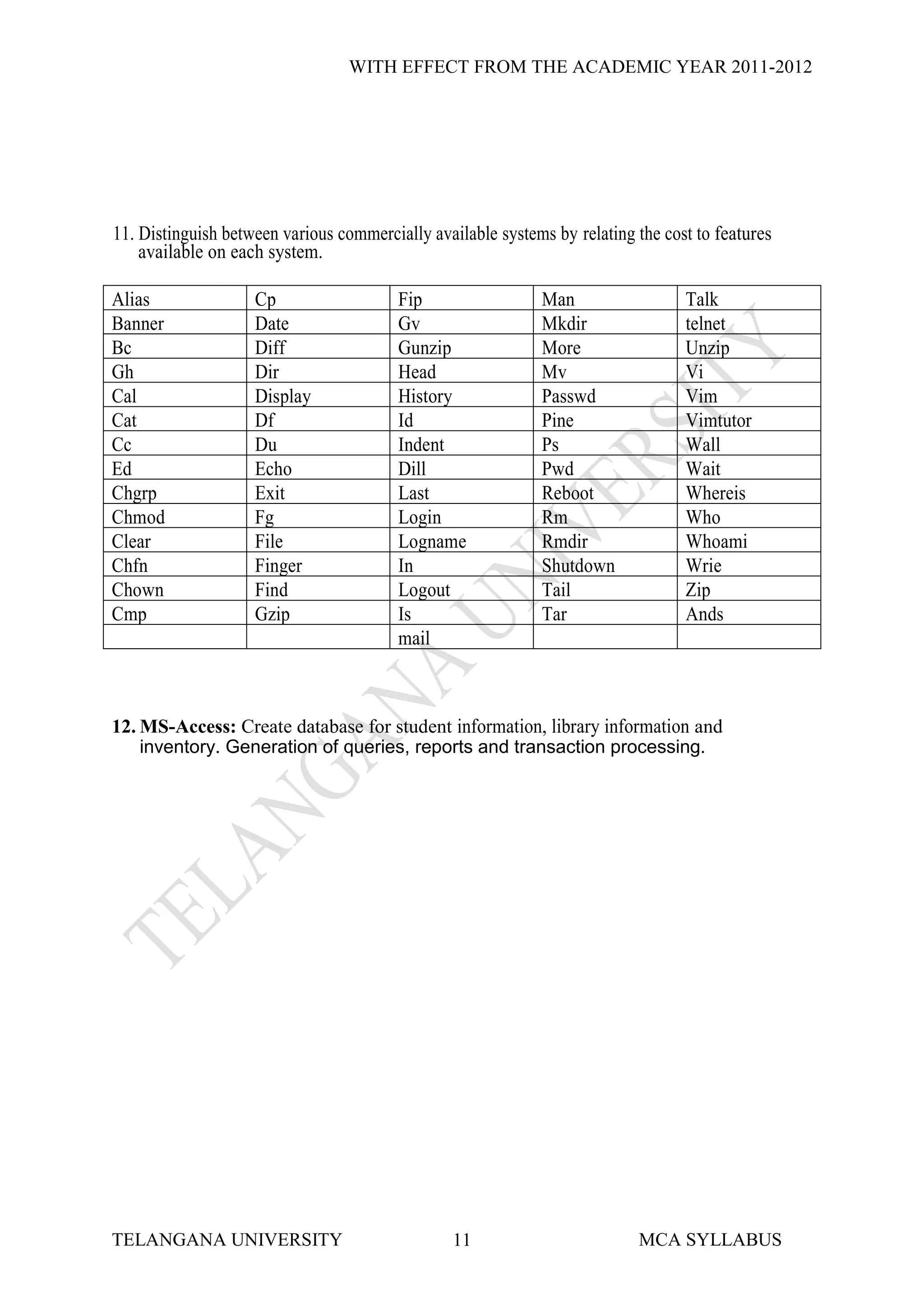 WITH EFFECT FROM THE ACADEMIC YEAR 2011-2012




11. Distinguish between various commercially available systems by relating the cost to features
    available on each system.

Alias               Cp                   Fip                 Man                  Talk
Banner              Date                 Gv                  Mkdir                telnet
Bc                  Diff                 Gunzip              More                 Unzip
Gh                  Dir                  Head                Mv                   Vi
Cal                 Display              History             Passwd               Vim
Cat                 Df                   Id                  Pine                 Vimtutor
Cc                  Du                   Indent              Ps                   Wall
Ed                  Echo                 Dill                Pwd                  Wait
Chgrp               Exit                 Last                Reboot               Whereis
Chmod               Fg                   Login               Rm                   Who
Clear               File                 Logname             Rmdir                Whoami
Chfn                Finger               In                  Shutdown             Wrie
Chown               Find                 Logout              Tail                 Zip
Cmp                 Gzip                 Is                  Tar                  Ands
                                         mail



12. MS-Access: Create database for student information, library information and
    inventory. Generation of queries, reports and transaction processing.




TELANGANA UNIVERSITY                             11                        MCA SYLLABUS
 