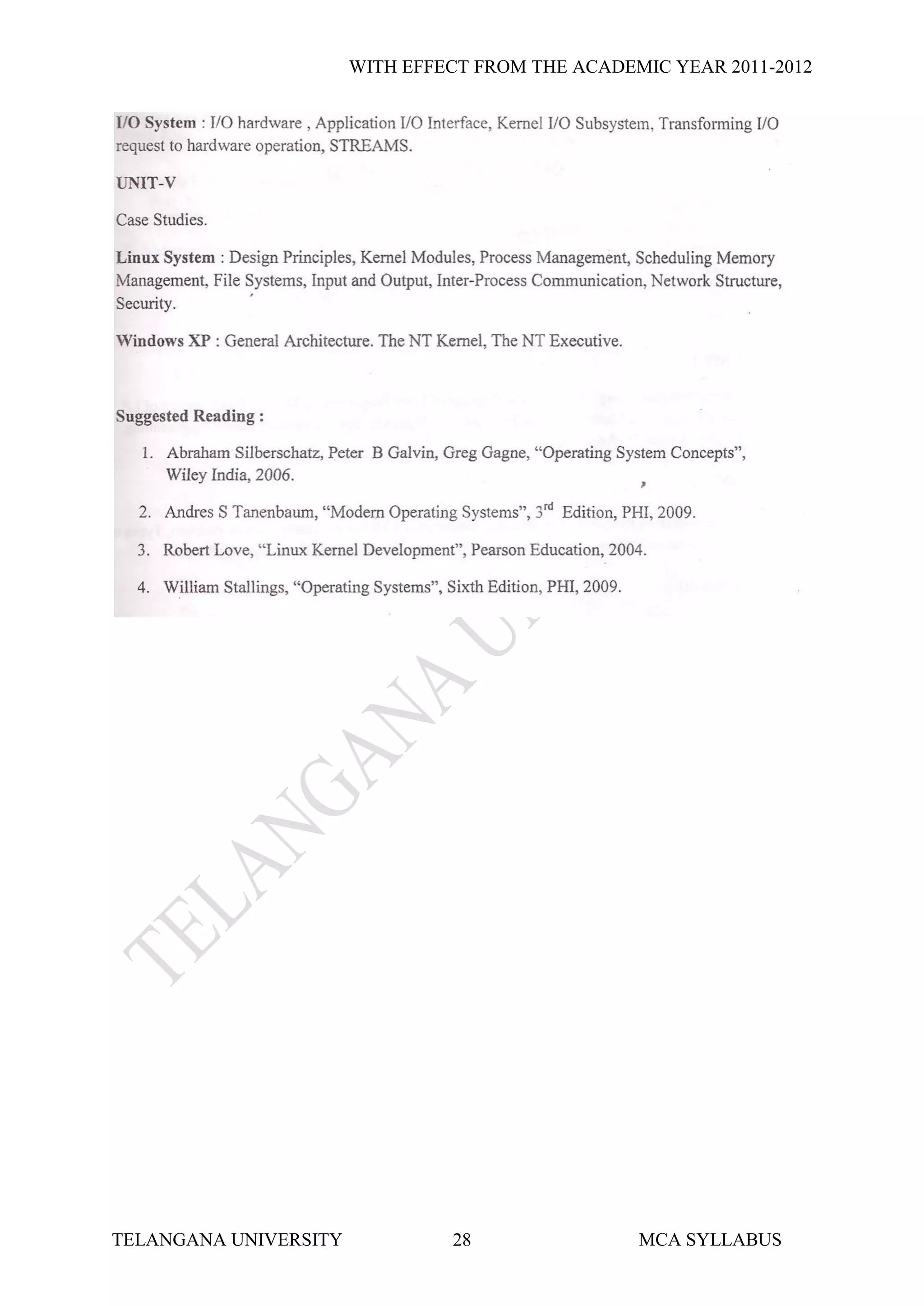 WITH EFFECT FROM THE ACADEMIC YEAR 2011-2012




TELANGANA UNIVERSITY            28                MCA SYLLABUS
 