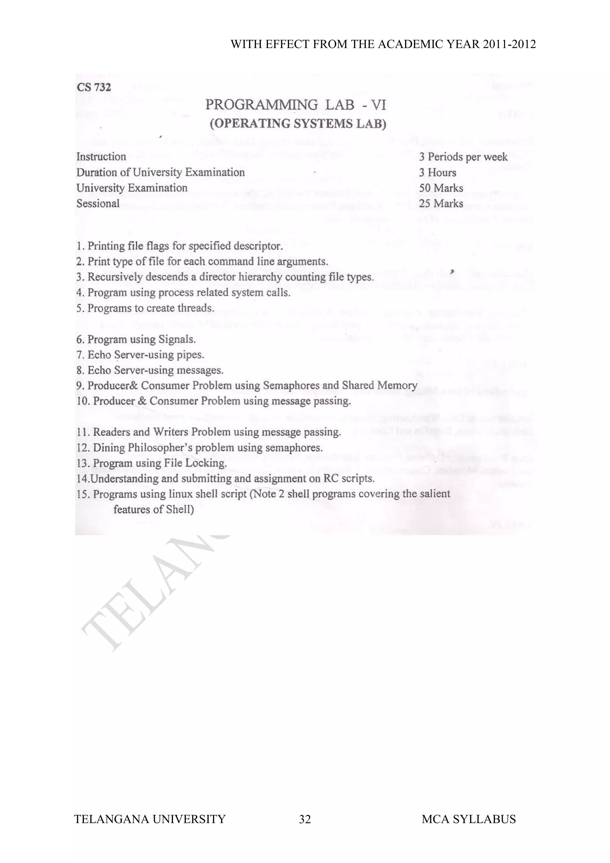 WITH EFFECT FROM THE ACADEMIC YEAR 2011-2012




TELANGANA UNIVERSITY            32                MCA SYLLABUS
 