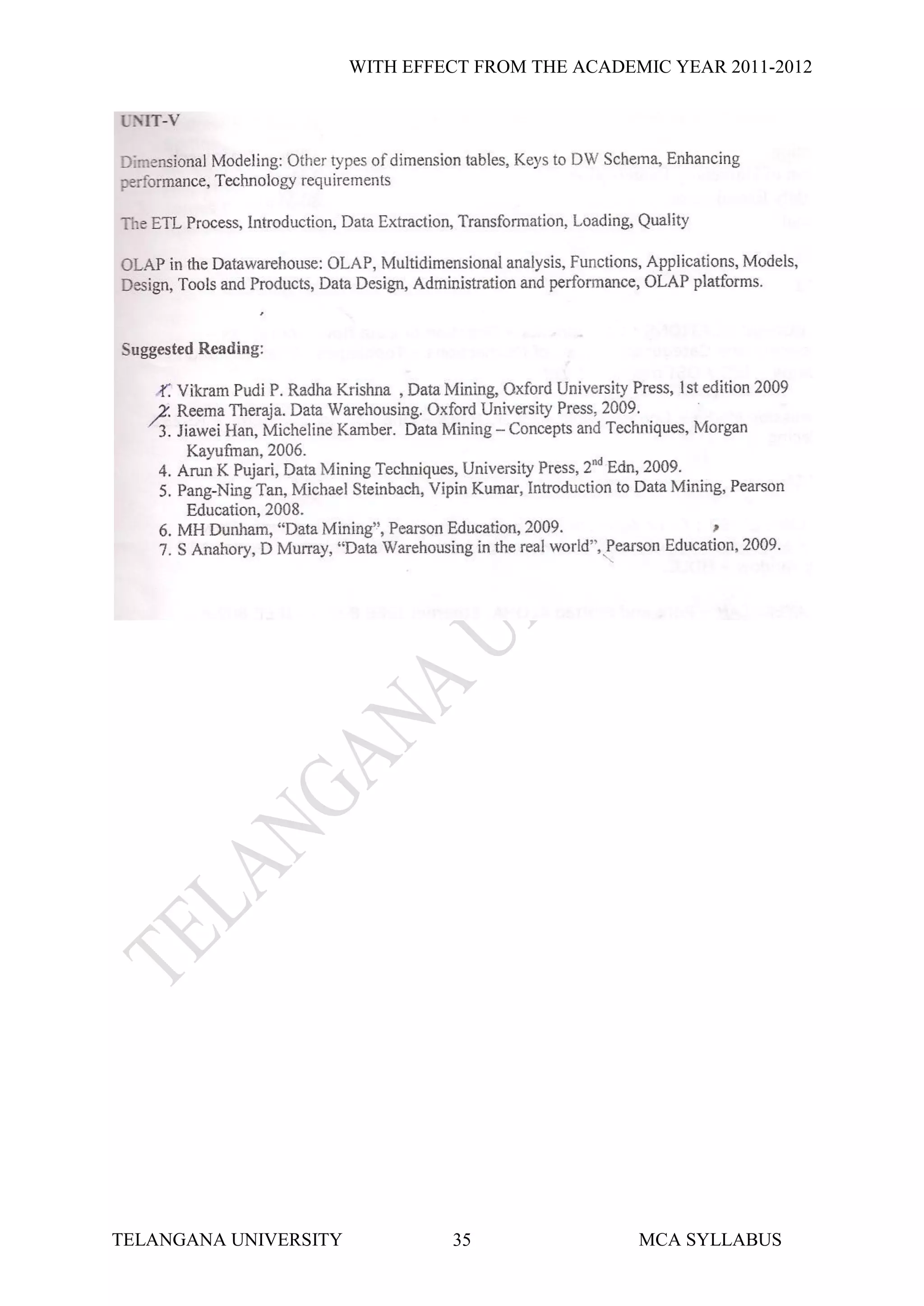 WITH EFFECT FROM THE ACADEMIC YEAR 2011-2012




TELANGANA UNIVERSITY            35                MCA SYLLABUS
 