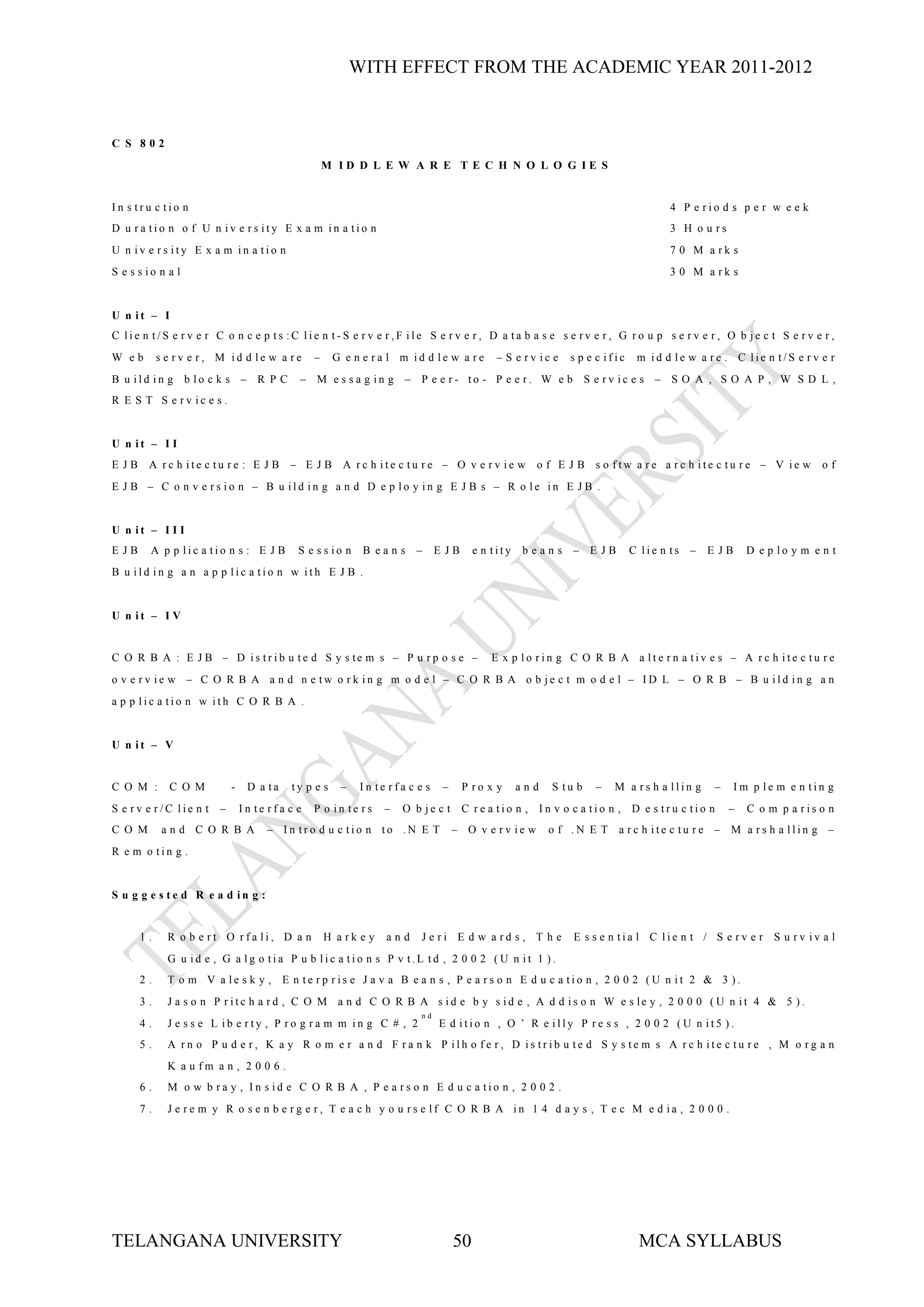 WITH EFFECT FROM THE ACADEMIC YEAR 2011-2012


C S 802
                                                    M ID D L E W A R E T E C H N O L O G IE S


In s tru c tio n                                                                                                                    4 P e rio d s p e r w e e k
D u ra tio n o f U n iv e rs ity E x a m in a tio n                                                                                 3 H o u rs
U n iv e rs ity E x a m in a tio n                                                                                                  7 0 M a rk s
S e s s io n a l                                                                                                                    3 0 M a rk s


U n it – I
C lie n t/S e rv e r C o n c e p ts :C lie n t-S e rv e r,F ile S e rv e r, D a ta b a s e s e rv e r, G ro u p s e rv e r, O b je c t S e rv e r,
W eb        s e rv e r, M id d le w a re        –     G e n e ra l m id d le w a re          – S e rv ic e   s p e c ific    m id d le w a re . C lie n t/S e rv e r
B u ild in g b lo c k s –          R PC     – M e s s a g in g       – P e e r- to - P e e r. W e b S e rv ic e s –                 SO A , SO A P, W SD L,
R E S T S e rv ic e s .


U n it – I I
E JB    A rc h ite c tu re : E J B        – E J B A rc h ite c tu re – O v e rv ie w                 o f E J B s o ftw a re a rc h ite c tu re – V ie w              of
E J B – C o n v e rs io n – B u ild in g a n d D e p lo y in g E J B s – R o le in E J B .


U n it – I I I
E JB     A p p lic a tio n s : E J B        S e s s io n    B eans      –     E JB      e n tity   beans     – E JB         C lie n ts   –   E JB     D e p lo y m e n t
B u ild in g a n a p p lic a tio n w ith E J B .


U n it – I V


C O R B A : E J B – D is tr ib u te d S y s te m s – P u r p o s e –                       E x p lo rin g C O R B A a lte rn a tiv e s – A rc h ite c tu re
o v e rv ie w – C O R B A a n d n e tw o rk in g m o d e l – C O R B A o b je c t m o d e l – ID L – O R B – B u ild in g a n
a p p lic a tio n w ith C O R B A .


U n it – V


C O M :       C O M         -    D a ta    ty p e s    –    In te rfa c e s    –     P ro x y      and   S tu b   –   M a rs h a llin g       –     Im p le m e n tin g
S e rv e r/C lie n t    –       In te rfa c e   P o in te rs     –   O b je c t      C re a tio n , In v o c a tio n , D e s tru c tio n          –   C o m p a ris o n
C O M        and C O R B A           – In tro d u c tio n to .N E T                – O v e rv ie w       o f .N E T    a rc h ite c tu re – M a rs h a llin g –
R e m o tin g .


S u g g e s te d R e a d in g :


       1.     R o b e rt O rfa li, D a n            H a rk e y   and     J e ri E d w a rd s , T h e         E s s e n tia l C lie n t / S e rv e r S u rv iv a l
              G u id e , G a lg o tia P u b lic a tio n s P v t.L td , 2 0 0 2 (U n it 1 ).
       2.     T o m V a le s k y , E n te rp ris e J a v a B e a n s , P e a rs o n E d u c a tio n , 2 0 0 2 (U n it 2 & 3 ).
       3.     J a s o n P r itc h a r d , C O M a n d C O R B A s id e b y s id e , A d d is o n W e s le y , 2 0 0 0 ( U n it 4 & 5 ) .
                                                                         nd
       4.     J e s s e L ib e rty , P ro g ra m m in g C # , 2               E d itio n , O ’ R e illy P re s s , 2 0 0 2 (U n it5 ).
       5.     A rn o P u d e r, K a y R o m e r a n d F ra n k P ilh o fe r, D is trib u te d S y s te m s A rc h ite c tu re , M o rg a n
              K a u fm a n , 2 0 0 6 .
       6.     M o w b ra y , In s id e C O R B A , P e a rs o n E d u c a tio n , 2 0 0 2 .
       7.     J e re m y R o s e n b e rg e r, T e a c h y o u rs e lf C O R B A in 1 4 d a y s , T e c M e d ia , 2 0 0 0 .




TELANGANA UNIVERSITY                                                               50                                        MCA SYLLABUS
 
