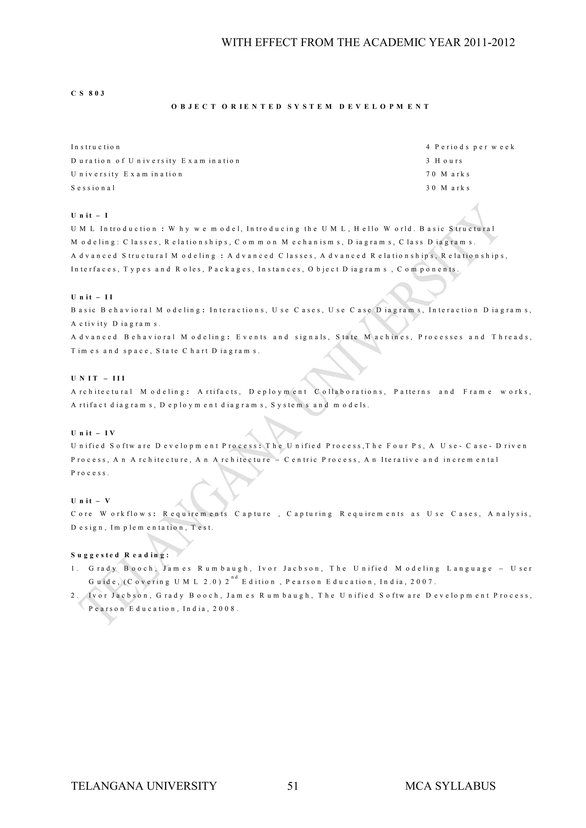 WITH EFFECT FROM THE ACADEMIC YEAR 2011-2012



C S 803
                                  O B J E C T O R IE N T E D S Y S T E M                    D E V E L O PM E N T




In s tru c tio n                                                                                                         4 P e rio d s p e r w e e k
D u ra tio n o f U n iv e rs ity E x a m in a tio n                                                                      3 H o u rs
U n iv e rs ity E x a m in a tio n                                                                                       7 0 M a rk s
S e s s io n a l                                                                                                         3 0 M a rk s


U n it – I
U M L In tro d u c tio n : W h y w e m o d e l, In tro d u c in g th e U M L , H e llo W o rld . B a s ic S tru c tu ra l
M o d e lin g : C la s s e s , R e la tio n s h ip s , C o m m o n M e c h a n is m s , D ia g r a m s , C la s s D ia g r a m s .
A d v a n c e d S tru c tu ra l M o d e lin g : A d v a n c e d C la s s e s , A d v a n c e d R e la tio n s h ip s , R e la tio n s h ip s ,
I n te r f a c e s , T y p e s a n d R o le s , P a c k a g e s , I n s ta n c e s , O b je c t D ia g r a m s , C o m p o n e n ts .


U n it – I I
B a s ic B e h a v io ra l M o d e lin g : In te ra c tio n s , U s e C a s e s , U s e C a s e D ia g ra m s , In te ra c tio n D ia g ra m s ,
A c tiv ity D ia g ra m s .
A dvanced          B e h a v io r a l M o d e lin g : E v e n ts a n d s ig n a ls , S ta te M a c h in e s , P r o c e s s e s a n d              T h re a d s ,
T im e s a n d s p a c e , S ta te C h a rt D ia g ra m s .


U N IT – III
A rc h ite c tu ra l    M o d e lin g :    A rtifa c ts ,     D e p lo y m e n t   C o lla b o ra tio n s ,   P a tte rn s     and      F ra m e      w o rk s ,
A r tif a c t d ia g r a m s , D e p lo y m e n t d ia g r a m s , S y s te m s a n d m o d e ls .


U n it – I V
U n ifie d S o ftw a re D e v e lo p m e n t P ro c e s s : T h e U n ifie d P ro c e s s ,T h e F o u r P s , A U s e - C a s e - D riv e n
P ro c e s s , A n A rc h ite c tu re , A n A rc h ite c tu re – C e n tric P ro c e s s , A n Ite ra tiv e a n d in c re m e n ta l
P ro c e s s .


U n it – V
C o re    W o rk flo w s :     R e q u ire m e n ts     C a p tu re    , C a p tu rin g     R e q u ire m e n ts    as    U se    C a s e s , A n a ly s is ,
D e s ig n , Im p le m e n ta tio n , T e s t.


S u g g e s te d R e a d in g :
1.    G ra d y     B ooch, Jam es          R u m b a u g h , Iv o r      Jacb so n , T h e      U n ifie d     M o d e lin g     Language            –   U ser
                                                      nd
      G u id e , (C o v e rin g U M L 2 .0 ) 2              E d itio n , P e a rs o n E d u c a tio n , I n d ia , 2 0 0 7 .
2.    Iv o r J a c b s o n , G ra d y B o o c h , J a m e s R u m b a u g h , T h e U n ifie d S o ftw a re D e v e lo p m e n t P ro c e s s ,
      P e a rs o n E d u c a tio n , In d ia , 2 0 0 8 .




TELANGANA UNIVERSITY                                                      51                                       MCA SYLLABUS
 