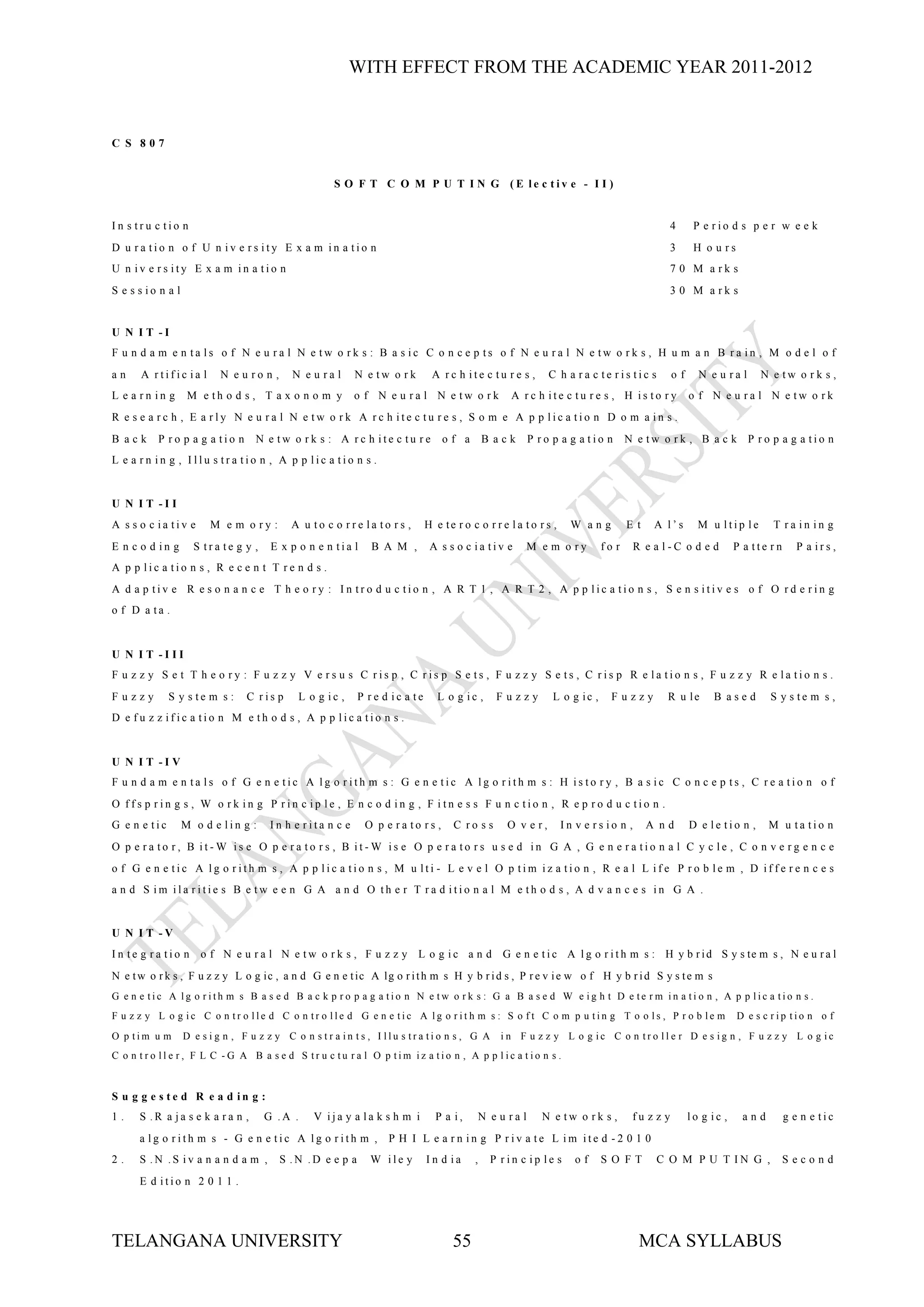 WITH EFFECT FROM THE ACADEMIC YEAR 2011-2012


C S 807


                                                    S O F T C O M P U T I N G (E le c tiv e - I I )


In s tru c tio n                                                                                                                           4         P e rio d s p e r w e e k
D u ra tio n o f U n iv e rs ity E x a m in a tio n                                                                                        3         H o u rs
U n iv e rs ity E x a m in a tio n                                                                                                         7 0 M a rk s
S e s s io n a l                                                                                                                           3 0 M a rk s


U N I T -I
F u n d a m e n ta ls o f N e u ra l N e tw o rk s : B a s ic C o n c e p ts o f N e u ra l N e tw o rk s , H u m a n B ra in , M o d e l o f
an    A rtific ia l        N e u ro n ,     N e u ra l     N e tw o rk        A rc h ite c tu re s ,          C h a ra c te ris tic s          of     N e u ra l     N e tw o r k s ,
L e a rn in g       M e th o d s , T a x o n o m y         o f N e u ra l N e tw o rk              A rc h ite c tu re s , H is to ry                o f N e u ra l N e tw o rk
R e s e a rc h , E a rly N e u ra l N e tw o rk A rc h ite c tu re s , S o m e A p p lic a tio n D o m a in s .
B ack     P ro p a g a tio n       N e tw o rk s : A rc h ite c tu re            of a        B ack        P ro p a g a tio n       N e tw o rk , B a c k P ro p a g a tio n
L e a rn in g , Illu s tra tio n , A p p lic a tio n s .


U N I T -I I
A s s o c ia tiv e       M e m o ry :       A u to c o rre la to rs ,        H e te r o c o r r e la to r s ,      W ang           Et    A l’s        M u ltip le       T ra in in g
E n c o d in g       S tra te g y ,    E x p o n e n tia l    B A M ,         A s s o c ia tiv e      M e m o ry            fo r    R e a l-C o d e d           P a tte rn     P a irs ,
A p p lic a tio n s , R e c e n t T re n d s .
A d a p tiv e R e s o n a n c e T h e o ry : In tro d u c tio n , A R T 1 , A R T 2 , A p p lic a tio n s , S e n s itiv e s o f O rd e rin g
o f D a ta .


U N I T -I II
F u z z y S e t T h e o ry : F u z z y V e rs u s C ris p , C ris p S e ts , F u z z y S e ts , C ris p R e la tio n s , F u z z y R e la tio n s .
Fuzzy         S y s te m s :     C ris p     L o g ic ,     P re d ic a te      L o g ic ,      Fuzzy          L o g ic ,     Fuzzy        R u le         B ased       S y s te m s ,
D e fu z z ific a tio n M e th o d s , A p p lic a tio n s .


U N I T -I V
F u n d a m e n ta ls o f G e n e tic A lg o rith m s : G e n e tic A lg o rith m s : H is to ry , B a s ic C o n c e p ts , C re a tio n o f
O ffs p rin g s , W o rk in g P rin c ip le , E n c o d in g , F itn e s s F u n c tio n , R e p ro d u c tio n .
G e n e tic        M o d e lin g :     In h e rita n c e     O p e ra to rs ,       C ro s s       O v e r,     In v e rs io n ,        A nd        D e le tio n ,     M u ta tio n
O p e ra to r, B it-W is e O p e ra to rs , B it-W is e O p e ra to rs u s e d in G A , G e n e ra tio n a l C y c le , C o n v e rg e n c e
o f G e n e tic A lg o rith m s , A p p lic a tio n s , M u lti - L e v e l O p tim iz a tio n , R e a l L ife P ro b le m , D iffe re n c e s
a n d S im ila ritie s B e tw e e n G A a n d O th e r T ra d itio n a l M e th o d s , A d v a n c e s in G A .


U N I T -V
In te g ra tio n       o f N e u r a l N e t w o r k s , F u z z y L o g i c a n d G e n e t i c A l g o r i t h m s : H y b r i d S y s te m s , N e u r a l
N e t w o r k s , F u z z y L o g ic , a n d G e n e t ic A lg o r i t h m s H y b r i d s , P r e v i e w o f H y b r i d S y s t e m s
G e n e tic A lg o rith m s B a s e d B a c k p ro p a g a tio n N e tw o rk s : G a B a s e d W e ig h t D e te rm in a tio n , A p p lic a tio n s .
F u z z y L o g ic C o n tr o lle d C o n tr o lle d G e n e tic A lg o rith m s : S o ft C o m p u tin g T o o ls , P r o b le m                               D e s c rip tio n o f
O p tim u m        D e s ig n , F u z z y C o n s tr a in ts , I llu s tra tio n s , G A         in F u z z y L o g ic C o n tro lle r D e s ig n , F u z z y L o g ic
C o n tro lle r, F L C -G A B a s e d S tr u c tu ra l O p tim iz a tio n , A p p lic a tio n s .



S u g g e s te d R e a d in g :
1.    S .R a ja s e k a ra n ,        G .A .    V ija y a la k s h m i         P a i,        N e u ra l      N e tw o rk s ,        fu z z y        lo g ic ,    and         g e n e tic
      a lg o rith m s - G e n e tic A lg o rith m ,               P H I L e a rn in g P riv a te L im ite d -2 0 1 0
2.    S .N .S iv a n a n d a m ,          S .N .D e e p a     W ile y        In d ia     ,     P rin c ip le s      of      SO FT        C O M P U T IN G ,                  Second
      E d itio n 2 0 1 1 .




TELANGANA UNIVERSITY                                                               55                                                MCA SYLLABUS
 