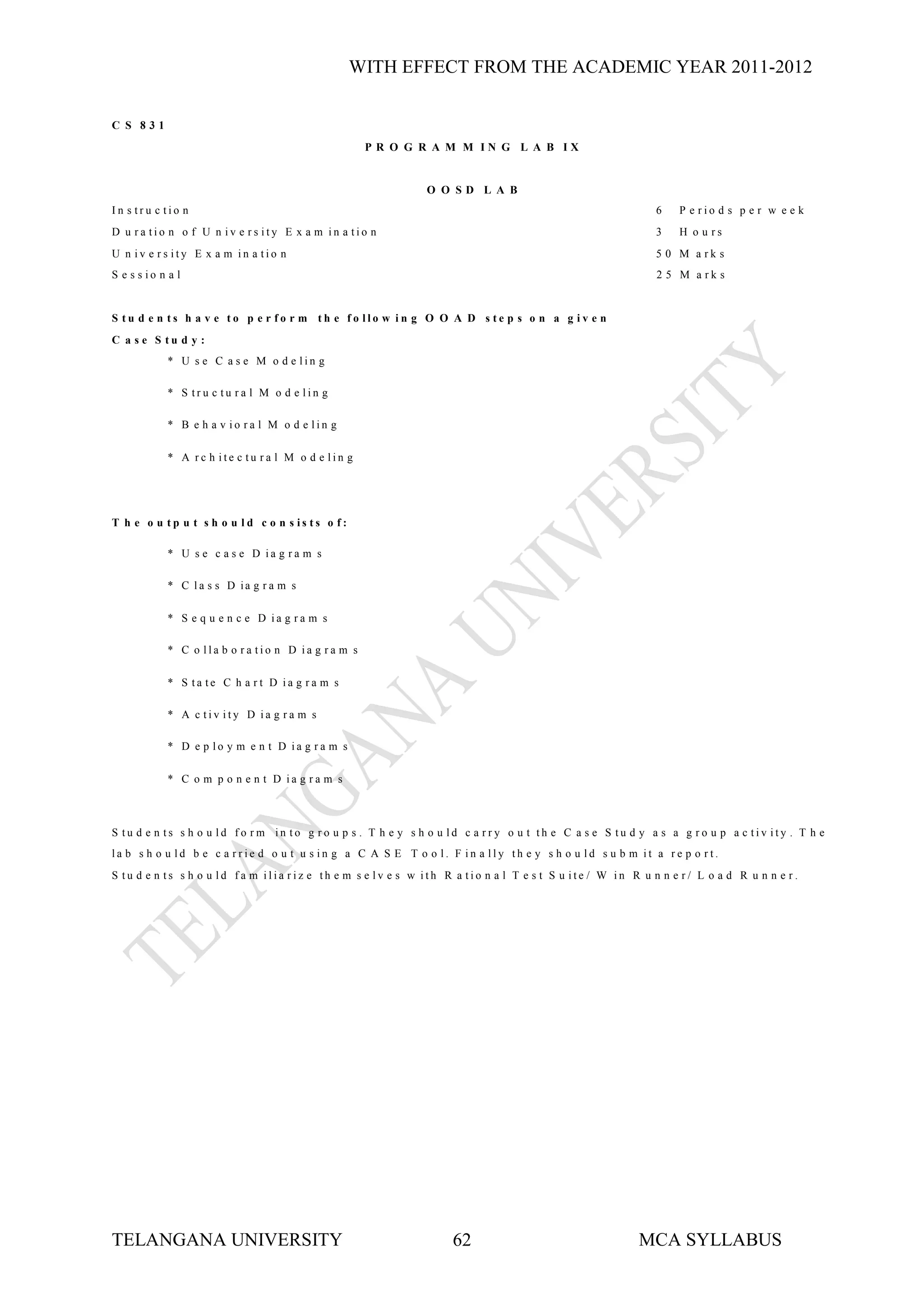 WITH EFFECT FROM THE ACADEMIC YEAR 2011-2012


C S 831
                                                    P R O G R A M M IN G L A B IX


                                                             O O SD L A B
In s tru c tio n                                                                                           6   P e rio d s p e r w e e k
D u ra tio n o f U n iv e rs ity E x a m in a tio n                                                        3   H o u rs
U n iv e rs ity E x a m in a tio n                                                                         5 0 M a rk s
S e s s io n a l                                                                                           2 5 M a rk s


S tu d e n ts h a v e to p e r fo r m th e fo llo w in g O O A D s te p s o n a g iv e n
C a s e S tu d y :
             * U s e C a s e M o d e lin g

             * S tru c tu ra l M o d e lin g

             * B e h a v io ra l M o d e lin g

             * A rc h ite c tu ra l M o d e lin g




T h e o u tp u t s h o u ld c o n s is ts o f:

             * U s e c a s e D ia g ra m s

             * C la s s D ia g r a m s

             * S e q u e n c e D ia g ra m s

             * C o lla b o ra tio n D ia g ra m s

             * S ta te C h a rt D ia g ra m s

             * A c tiv ity D ia g ra m s

             * D e p lo y m e n t D ia g ra m s

             * C o m p o n e n t D ia g ra m s



S tu d e n ts s h o u ld fo rm in to g ro u p s . T h e y s h o u ld c a rry o u t th e C a s e S tu d y a s a g ro u p a c tiv ity . T h e
la b s h o u ld b e c a rrie d o u t u s in g a C A S E T o o l. F in a lly th e y s h o u ld s u b m it a re p o rt.
S tu d e n ts s h o u ld fa m ilia riz e th e m s e lv e s w ith R a tio n a l T e s t S u ite / W in R u n n e r/ L o a d R u n n e r.




TELANGANA UNIVERSITY                                               62                                  MCA SYLLABUS
 