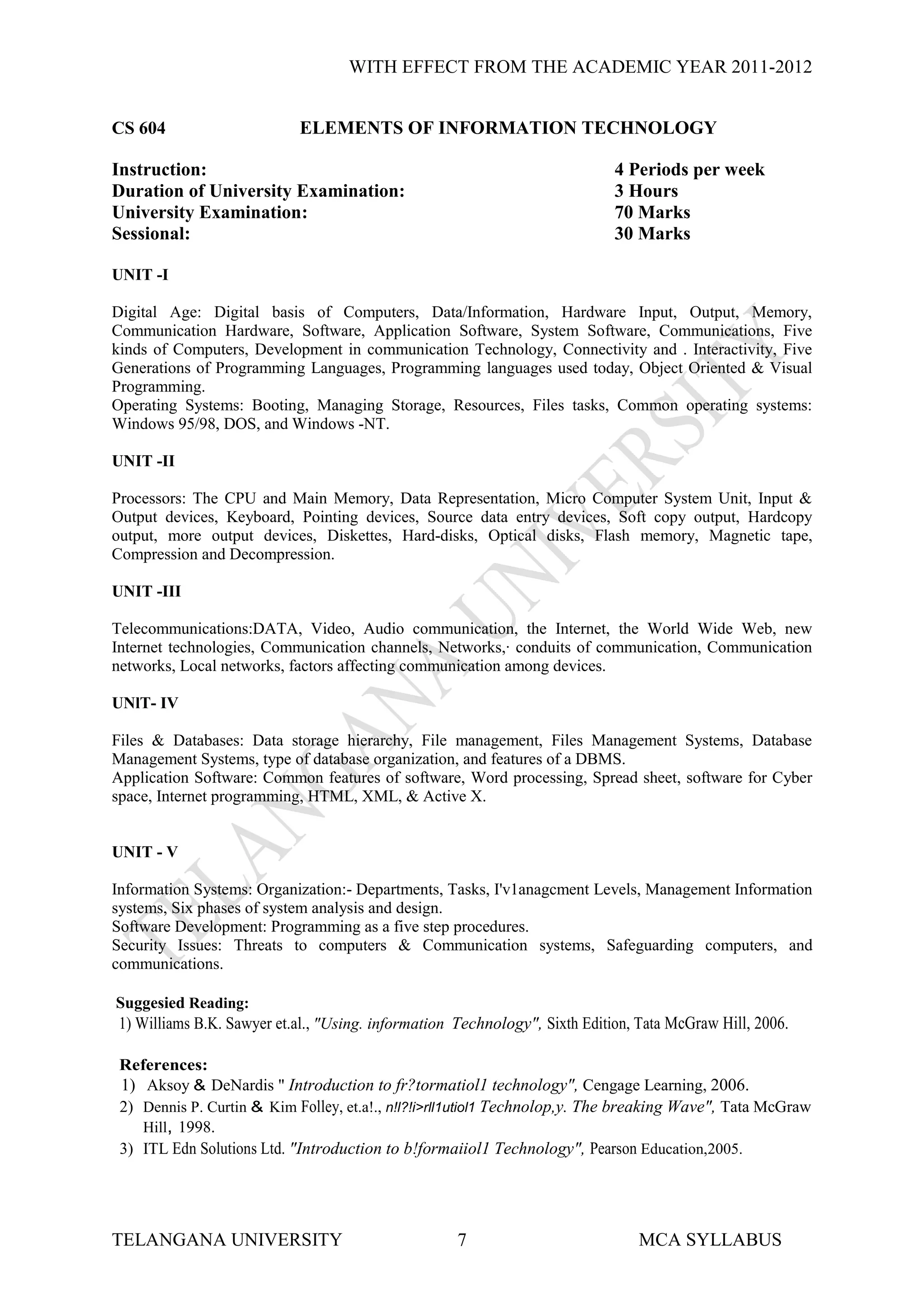 WITH EFFECT FROM THE ACADEMIC YEAR 2011-2012


CS 604                      ELEMENTS OF INFORMATION TECHNOLOGY

Instruction:                                                                4 Periods per week
Duration of University Examination:                                         3 Hours
University Examination:                                                     70 Marks
Sessional:                                                                  30 Marks

UNIT -I

Digital Age: Digital basis of Computers, Data/Information, Hardware Input, Output, Memory,
Communication Hardware, Software, Application Software, System Software, Communications, Five
kinds of Computers, Development in communication Technology, Connectivity and . Interactivity, Five
Generations of Programming Languages, Programming languages used today, Object Oriented & Visual
Programming.
Operating Systems: Booting, Managing Storage, Resources, Files tasks, Common operating systems:
Windows 95/98, DOS, and Windows -NT.

UNIT -II

Processors: The CPU and Main Memory, Data Representation, Micro Computer System Unit, Input &
Output devices, Keyboard, Pointing devices, Source data entry devices, Soft copy output, Hardcopy
output, more output devices, Diskettes, Hard-disks, Optical disks, Flash memory, Magnetic tape,
Compression and Decompression.

UNIT -III

Telecommunications:DATA, Video, Audio communication, the Internet, the World Wide Web, new
Internet technologies, Communication channels, Networks,· conduits of communication, Communication
networks, Local networks, factors affecting communication among devices.

UNlT- IV

Files & Databases: Data storage hierarchy, File management, Files Management Systems, Database
Management Systems, type of database organization, and features of a DBMS.
Application Software: Common features of software, Word processing, Spread sheet, software for Cyber
space, Internet programming, HTML, XML, & Active X.


UNIT - V

Information Systems: Organization:- Departments, Tasks, I'v1anagcment Levels, Management Information
systems, Six phases of system analysis and design.
Software Development: Programming as a five step procedures.
Security Issues: Threats to computers & Communication systems, Safeguarding computers, and
communications.

Suggesied Reading:
1) Williams B.K. Sawyer et.al., "Using. information Technology", Sixth Edition, Tata McGraw Hill, 2006.

 References:
 1) Aksoy & DeNardis " Introduction to fr?tormatiol1 technology", Cengage Learning, 2006.
 2) Dennis P. Curtin & Kim Folley, et.a!., n!l?!i>rll1utiol1 Technolop,y. The breaking Wave", Tata McGraw
    Hill, 1998.
 3) ITL Edn Solutions Ltd. "Introduction to b!formaiiol1 Technology", Pearson Education,2005.




TELANGANA UNIVERSITY                                7                           MCA SYLLABUS
 