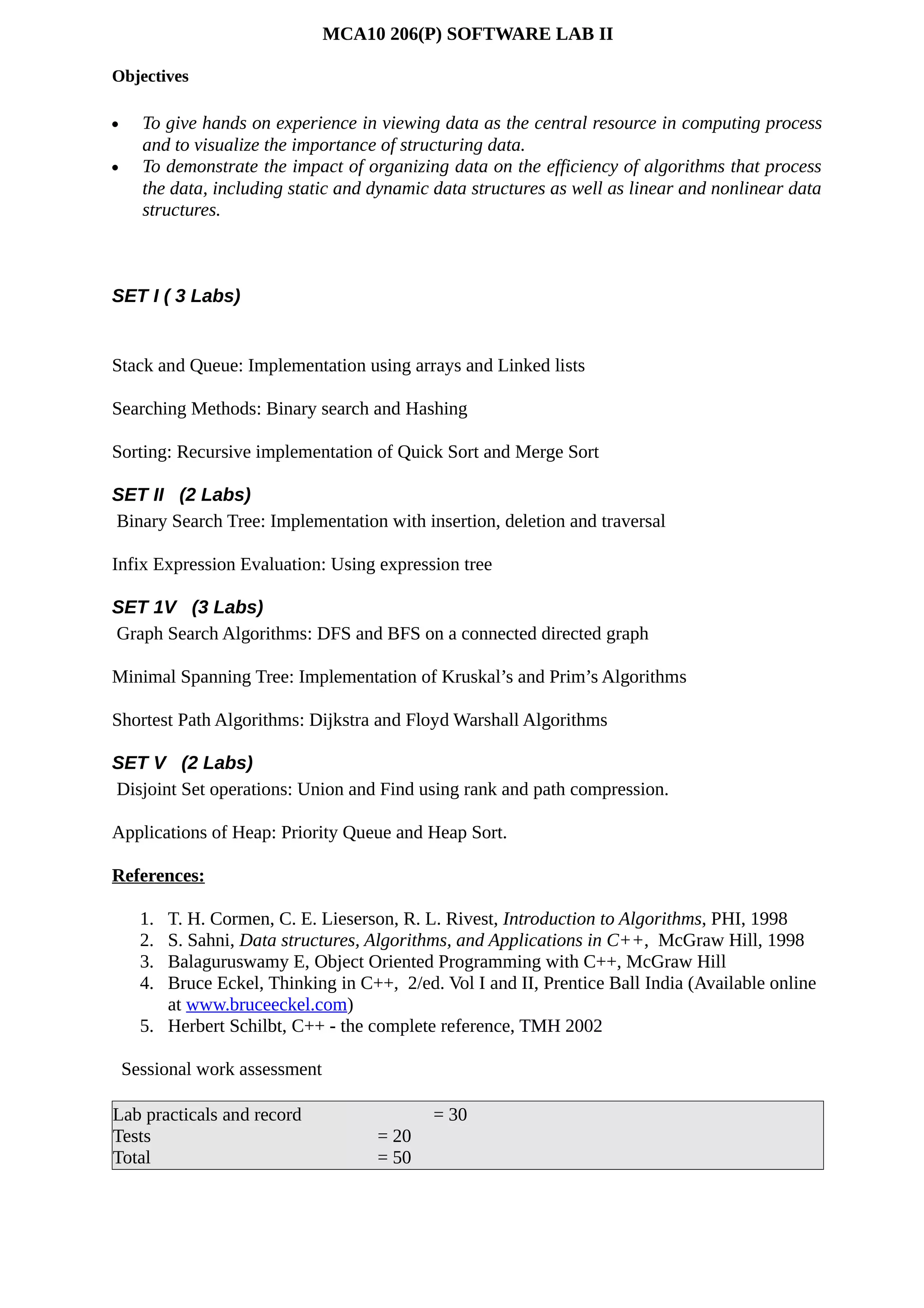 MCA10 206(P) SOFTWARE LAB II
Objectives
• To give hands on experience in viewing data as the central resource in computing process
and to visualize the importance of structuring data.
• To demonstrate the impact of organizing data on the efficiency of algorithms that process
the data, including static and dynamic data structures as well as linear and nonlinear data
structures.
SET I ( 3 Labs)
Stack and Queue: Implementation using arrays and Linked lists
Searching Methods: Binary search and Hashing
Sorting: Recursive implementation of Quick Sort and Merge Sort
SET II (2 Labs)
Binary Search Tree: Implementation with insertion, deletion and traversal
Infix Expression Evaluation: Using expression tree
SET 1V (3 Labs)
Graph Search Algorithms: DFS and BFS on a connected directed graph
Minimal Spanning Tree: Implementation of Kruskal’s and Prim’s Algorithms
Shortest Path Algorithms: Dijkstra and Floyd Warshall Algorithms
SET V (2 Labs)
Disjoint Set operations: Union and Find using rank and path compression.
Applications of Heap: Priority Queue and Heap Sort.
References:
1. T. H. Cormen, C. E. Lieserson, R. L. Rivest, Introduction to Algorithms, PHI, 1998
2. S. Sahni, Data structures, Algorithms, and Applications in C++, McGraw Hill, 1998
3. Balaguruswamy E, Object Oriented Programming with C++, McGraw Hill
4. Bruce Eckel, Thinking in C++, 2/ed. Vol I and II, Prentice Ball India (Available online
at www.bruceeckel.com)
5. Herbert Schilbt, C++ - the complete reference, TMH 2002
Sessional work assessment
Lab practicals and record = 30
Tests = 20
Total = 50
 