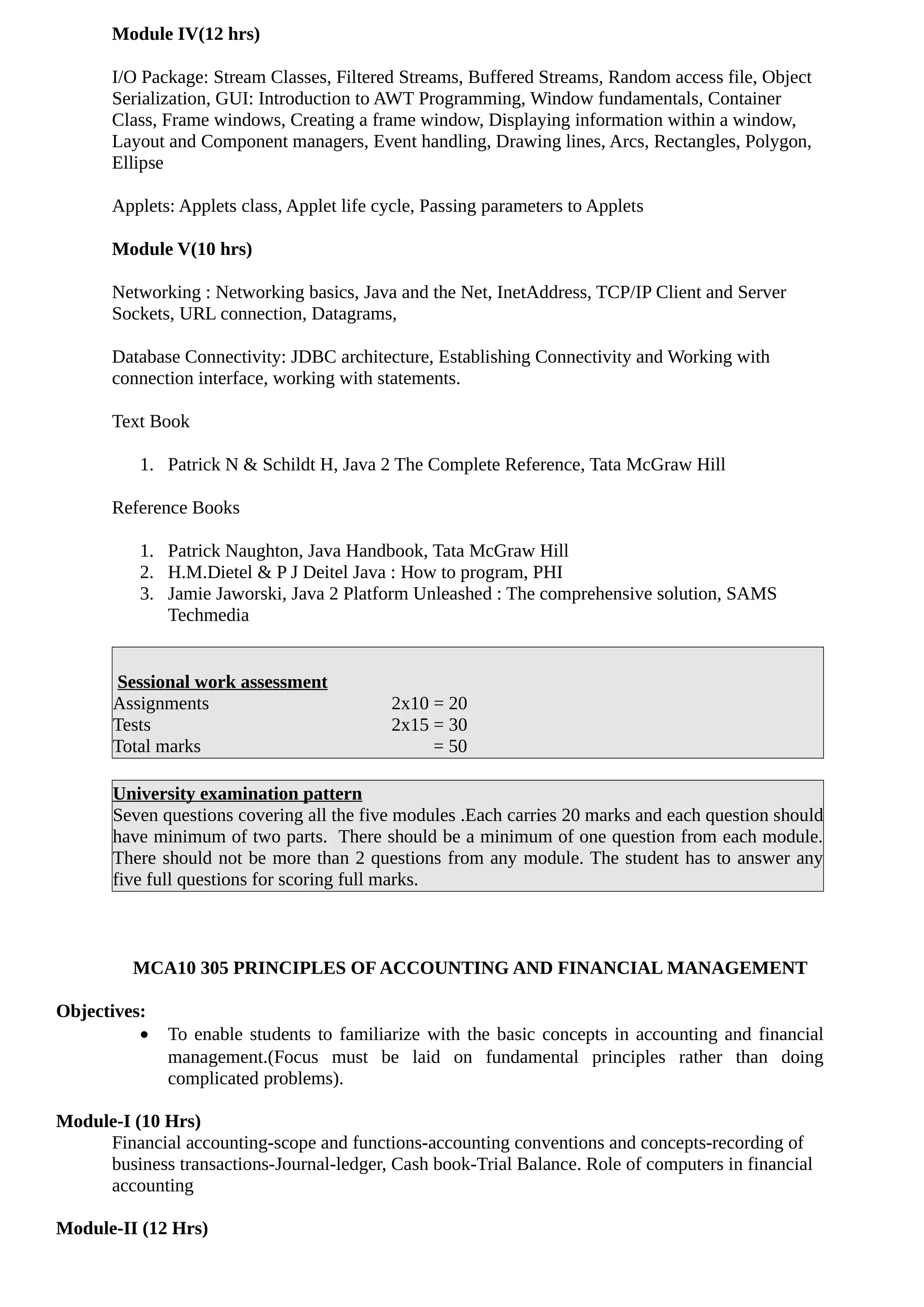 Module IV(12 hrs)
I/O Package: Stream Classes, Filtered Streams, Buffered Streams, Random access file, Object
Serialization, GUI: Introduction to AWT Programming, Window fundamentals, Container
Class, Frame windows, Creating a frame window, Displaying information within a window,
Layout and Component managers, Event handling, Drawing lines, Arcs, Rectangles, Polygon,
Ellipse
Applets: Applets class, Applet life cycle, Passing parameters to Applets
Module V(10 hrs)
Networking : Networking basics, Java and the Net, InetAddress, TCP/IP Client and Server
Sockets, URL connection, Datagrams,
Database Connectivity: JDBC architecture, Establishing Connectivity and Working with
connection interface, working with statements.
Text Book
1. Patrick N & Schildt H, Java 2 The Complete Reference, Tata McGraw Hill
Reference Books
1. Patrick Naughton, Java Handbook, Tata McGraw Hill
2. H.M.Dietel & P J Deitel Java : How to program, PHI
3. Jamie Jaworski, Java 2 Platform Unleashed : The comprehensive solution, SAMS
Techmedia
Sessional work assessment
Assignments 2x10 = 20
Tests 2x15 = 30
Total marks = 50
University examination pattern
Seven questions covering all the five modules .Each carries 20 marks and each question should
have minimum of two parts. There should be a minimum of one question from each module.
There should not be more than 2 questions from any module. The student has to answer any
five full questions for scoring full marks.
MCA10 305 PRINCIPLES OF ACCOUNTING AND FINANCIAL MANAGEMENT
Objectives:
• To enable students to familiarize with the basic concepts in accounting and financial
management.(Focus must be laid on fundamental principles rather than doing
complicated problems).
Module-I (10 Hrs)
Financial accounting-scope and functions-accounting conventions and concepts-recording of
business transactions-Journal-ledger, Cash book-Trial Balance. Role of computers in financial
accounting
Module-II (12 Hrs)
 