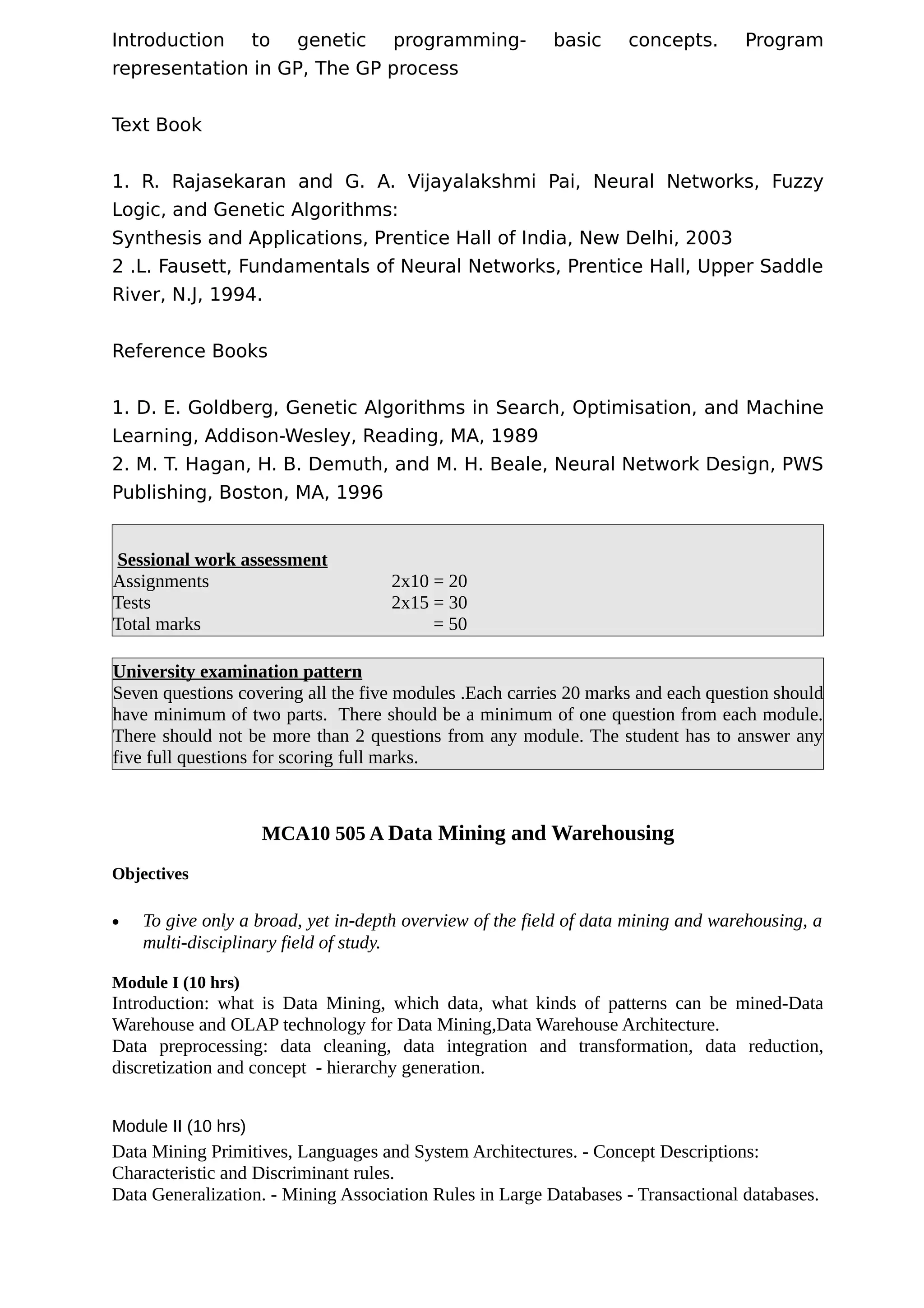 Introduction to genetic programming- basic concepts. Program
representation in GP, The GP process
Text Book
1. R. Rajasekaran and G. A. Vijayalakshmi Pai, Neural Networks, Fuzzy
Logic, and Genetic Algorithms:
Synthesis and Applications, Prentice Hall of India, New Delhi, 2003
2 .L. Fausett, Fundamentals of Neural Networks, Prentice Hall, Upper Saddle
River, N.J, 1994.
Reference Books
1. D. E. Goldberg, Genetic Algorithms in Search, Optimisation, and Machine
Learning, Addison-Wesley, Reading, MA, 1989
2. M. T. Hagan, H. B. Demuth, and M. H. Beale, Neural Network Design, PWS
Publishing, Boston, MA, 1996
Sessional work assessment
Assignments 2x10 = 20
Tests 2x15 = 30
Total marks = 50
University examination pattern
Seven questions covering all the five modules .Each carries 20 marks and each question should
have minimum of two parts. There should be a minimum of one question from each module.
There should not be more than 2 questions from any module. The student has to answer any
five full questions for scoring full marks.
MCA10 505 A Data Mining and Warehousing
Objectives
• To give only a broad, yet in-depth overview of the field of data mining and warehousing, a
multi-disciplinary field of study.
Module I (10 hrs)
Introduction: what is Data Mining, which data, what kinds of patterns can be mined-Data
Warehouse and OLAP technology for Data Mining,Data Warehouse Architecture.
Data preprocessing: data cleaning, data integration and transformation, data reduction,
discretization and concept - hierarchy generation.
Module II (10 hrs)
Data Mining Primitives, Languages and System Architectures. - Concept Descriptions:
Characteristic and Discriminant rules.
Data Generalization. - Mining Association Rules in Large Databases - Transactional databases.
 