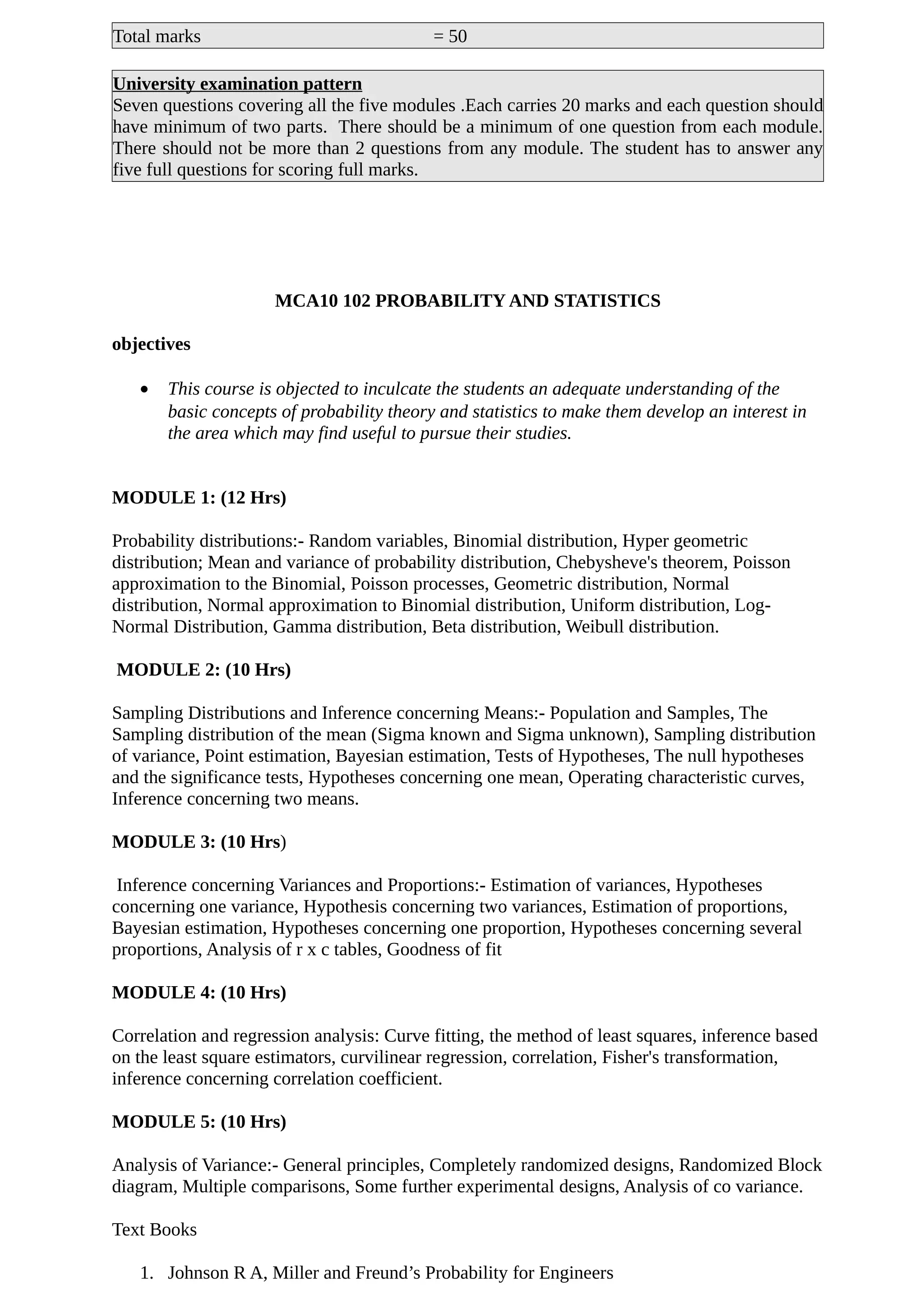 Total marks = 50
University examination pattern
Seven questions covering all the five modules .Each carries 20 marks and each question should
have minimum of two parts. There should be a minimum of one question from each module.
There should not be more than 2 questions from any module. The student has to answer any
five full questions for scoring full marks.
MCA10 102 PROBABILITY AND STATISTICS
objectives
• This course is objected to inculcate the students an adequate understanding of the
basic concepts of probability theory and statistics to make them develop an interest in
the area which may find useful to pursue their studies.
MODULE 1: (12 Hrs)
Probability distributions:- Random variables, Binomial distribution, Hyper geometric
distribution; Mean and variance of probability distribution, Chebysheve's theorem, Poisson
approximation to the Binomial, Poisson processes, Geometric distribution, Normal
distribution, Normal approximation to Binomial distribution, Uniform distribution, Log-
Normal Distribution, Gamma distribution, Beta distribution, Weibull distribution.
MODULE 2: (10 Hrs)
Sampling Distributions and Inference concerning Means:- Population and Samples, The
Sampling distribution of the mean (Sigma known and Sigma unknown), Sampling distribution
of variance, Point estimation, Bayesian estimation, Tests of Hypotheses, The null hypotheses
and the significance tests, Hypotheses concerning one mean, Operating characteristic curves,
Inference concerning two means.
MODULE 3: (10 Hrs)
Inference concerning Variances and Proportions:- Estimation of variances, Hypotheses
concerning one variance, Hypothesis concerning two variances, Estimation of proportions,
Bayesian estimation, Hypotheses concerning one proportion, Hypotheses concerning several
proportions, Analysis of r x c tables, Goodness of fit
MODULE 4: (10 Hrs)
Correlation and regression analysis: Curve fitting, the method of least squares, inference based
on the least square estimators, curvilinear regression, correlation, Fisher's transformation,
inference concerning correlation coefficient.
MODULE 5: (10 Hrs)
Analysis of Variance:- General principles, Completely randomized designs, Randomized Block
diagram, Multiple comparisons, Some further experimental designs, Analysis of co variance.
Text Books
1. Johnson R A, Miller and Freund’s Probability for Engineers
 