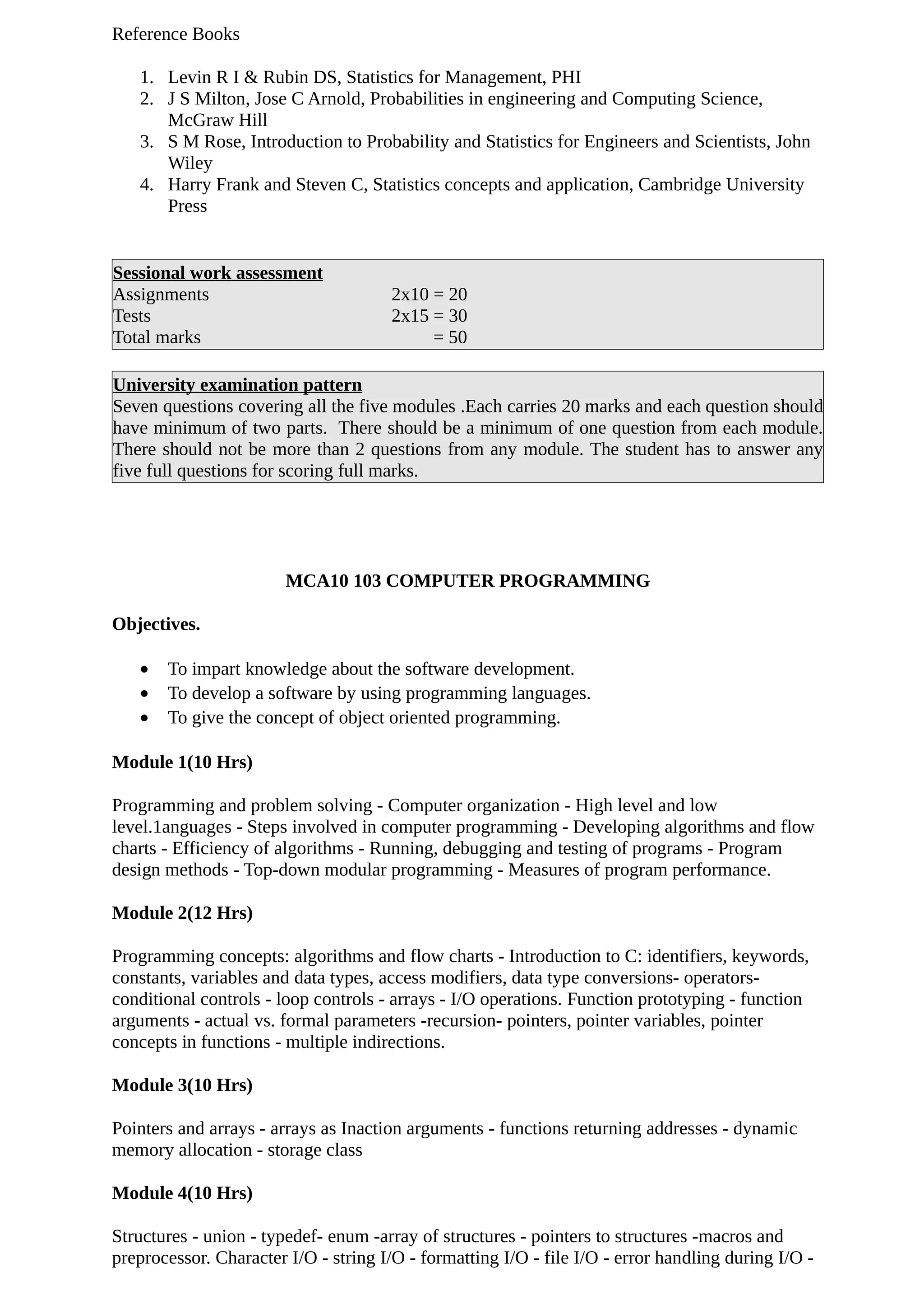 Reference Books
1. Levin R I & Rubin DS, Statistics for Management, PHI
2. J S Milton, Jose C Arnold, Probabilities in engineering and Computing Science,
McGraw Hill
3. S M Rose, Introduction to Probability and Statistics for Engineers and Scientists, John
Wiley
4. Harry Frank and Steven C, Statistics concepts and application, Cambridge University
Press
Sessional work assessment
Assignments 2x10 = 20
Tests 2x15 = 30
Total marks = 50
University examination pattern
Seven questions covering all the five modules .Each carries 20 marks and each question should
have minimum of two parts. There should be a minimum of one question from each module.
There should not be more than 2 questions from any module. The student has to answer any
five full questions for scoring full marks.
MCA10 103 COMPUTER PROGRAMMING
Objectives.
• To impart knowledge about the software development.
• To develop a software by using programming languages.
• To give the concept of object oriented programming.
Module 1(10 Hrs)
Programming and problem solving - Computer organization - High level and low
level.1anguages - Steps involved in computer programming - Developing algorithms and flow
charts - Efficiency of algorithms - Running, debugging and testing of programs - Program
design methods - Top-down modular programming - Measures of program performance.
Module 2(12 Hrs)
Programming concepts: algorithms and flow charts - Introduction to C: identifiers, keywords,
constants, variables and data types, access modifiers, data type conversions- operators-
conditional controls - loop controls - arrays - I/O operations. Function prototyping - function
arguments - actual vs. formal parameters -recursion- pointers, pointer variables, pointer
concepts in functions - multiple indirections.
Module 3(10 Hrs)
Pointers and arrays - arrays as Inaction arguments - functions returning addresses - dynamic
memory allocation - storage class
Module 4(10 Hrs)
Structures - union - typedef- enum -array of structures - pointers to structures -macros and
preprocessor. Character I/O - string I/O - formatting I/O - file I/O - error handling during I/O -
 