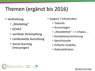 Themen	(ergänzt	bis	2016)
• Verbreitung	
• „Marketing“	
• SCHILF	
• vertikale	Verknüpfung	
• Landesweite	Ausrollung	
• Social	learning	
(messenger)
Mag.	Robert	Schrenk,	Bakk.
• Support	/	Infrastruktur	
• Tutorials	
• Kursvorlagen	
• „Moodlethek“	—>	eTapas,	..	
• Kompetenzorientierung	
• Sprechstunde	
• Einfache	Usability	
• Rollendefinition	
 
