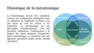 Historique de la mécatronique
La mécatronique devrait être considérée
comme une combinaison intelligente entre
les domaines de l'ingénierie existants, c'est
une façon de voir les choses et les
problèmes. La mécatronique est une
philosophie multidisciplinaire, c'est une
discipline intégratrice. Contrairement à la
plupart des autres domaines d'ingénierie,
génie mécatronique se caractérise par une
approche généraliste plutôt qu'une attitude
spécialisée.
 
