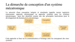 La démarche de conception d'un système
mécatronique
La nécessite d'une conception intégrée et simultanée (appelée encore ingénierie
concourante, approche mécatronique ou approche système) pour les systèmes
mécatroniques peut être identifiée comme une des principales motivations pour le
développement du domaine de la mécatronique.
Cette approche se base sur la communication et l'échange entre les concepteurs des sous-
systèmes.
Cahier des
charges
Conception
mécanique
Conception
électrique
Conception
…
Prototype
global
Conception
commande
 