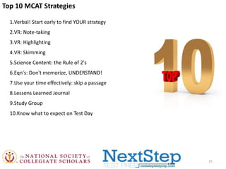 Top 10 MCAT Strategies
1.Verbal! Start early to find YOUR strategy
2.VR: Note-taking
3.VR: Highlighting

4.VR: Skimming
5.Science Content: the Rule of 2's
6.Eqn's: Don't memorize, UNDERSTAND!
7.Use your time effectively: skip a passage
8.Lessons Learned Journal
9.Study Group
10.Know what to expect on Test Day

25

 