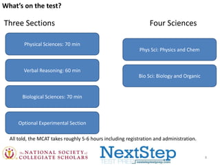 What’s on the test?

Three Sections
Physical Sciences: 70 min

Verbal Reasoning: 60 min

Four Sciences
Phys Sci: Physics and Chem

Bio Sci: Biology and Organic

Biological Sciences: 70 min

Optional Experimental Section
All told, the MCAT takes roughly 5-6 hours including registration and administration.

8

 