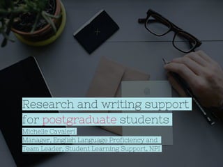 Research and writing support
for postgraduate students
Michelle Cavaleri
Manager, English Language Proficiency and
Team Leader, Student Learning Support, NPI
 