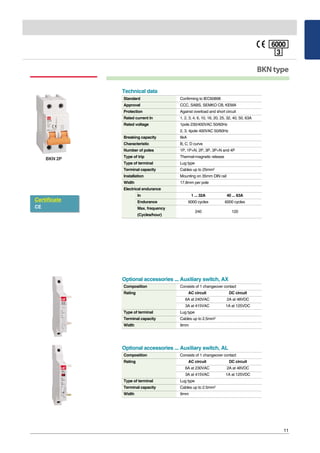 11
BKNtype
Standard Confirming to IEC60898
Approval CCC, SABS, SEMKO CB, KEMA
Protection Against overload and short circuit
Rated current In 1, 2, 3, 4, 6, 10, 16, 20, 25, 32, 40, 50, 63A
Rated voltage 1pole 230/400VAC 50/60Hz
2, 3, 4pole 400VAC 50/60Hz
Breaking capacity 6kA
Characteristic B, C, D curve
Number of poles 1P, 1P+N, 2P, 3P, 3P+N and 4P
Type of trip Thermal-magnetic release
Type of terminal Lug type
Terminal capacity Cables up to 25mm2
Installation Mounting on 35mm DIN rail
Width 17.8mm per pole
Electrical endurance
In 1 ... 32A 40 ... 63A
Endurance 6000 cycles 6000 cycles
Max. frequency
240 120
(Cycles/hour)
Technical data
Composition Consists of 1 changeover contact
Rating AC circuit DC circuit
6A at 240VAC 2A at 48VDC
3A at 415VAC 1A at 125VDC
Type of terminal Lug type
Terminal capacity Cables up to 2.5mm2
Width 9mm
Optional accessories ... Auxiliary switch, AX
Certificate
CE
BKN 2P
Composition Consists of 1 changeover contact
Rating AC circuit DC circuit
6A at 230VAC 2A at 48VDC
3A at 415VAC 1A at 125VDC
Type of terminal Lug type
Terminal capacity Cables up to 2.5mm2
Width 9mm
Optional accessories ... Auxiliary switch, AL
 