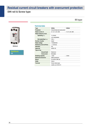 34
Residual current circuit breakers with overcurrent protection
DIN rail & Screw type
BStype
Certificate
CE
BS32c/d
Type BS32c BS32d
Protection Ground fault and overcurrent
Rated current, In 6, 10, 15, 20, 30A 10, 15, 20, 30A
Rated residual current
Operating, I△△n 15, 30mA
(non-adjustable)
Non-operating, I△△no 0.5I△n
Number of poles 2pole
Rated voltage 110/220VAC
Residual current off-time ≤ 0.03 sec.
Standard KS
Approval KERI, CE
Type of trip
Ground fault Electronic
Overcurrent Bimetallic
Breaking capacity 1.5kA 2.5kA
Electrical endurance 6000 operations
Mount On 35mm DIN rail
Width 35mm
Terminal Screw clamp type
(cable up to 25mm2)
Technical data
 