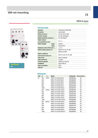 DIN rail mounting
37
RKN-btype
Standard Confirming to IEC61008
Protection Ground fault
Rated current, In 25, 32, 40, 63, 100A
Number of poles 2(1+N), 4(3+N)pole
Rated sensitivity currents, I△△n 30, 100, 300mA
Rated residual
0.5×I△n
non-operating current
Rated voltages 2pole 240VAC
4pole 240/415VAC
Residual current off-time at I△△n ≤ 0.1s
Rated making capacity, Im 500A for In=25, 32, 40A
630A for In=63A
Rated conditional
6kA for In=25, 32, 40, 63A
short-circuit current, Inc
Type of trip Electro-magnetic
Type of terminal Lug type
Terminal capacity Cables up to 35mm2
Installation 35mm DIN rail
Type of operation A/AC
Slot size 45mm
Technical data
Certificate
CE
Catalog No.
Pole In I△△n Model Catalog No. Pack.unit (Pcs.)
2P 25A 30mA RKN-b 1P+N 25A 30mA 06220663R0 60
32A RKN-b 1P+N 32A 30mA 06220666R0 60
40A RKN-b 1P+N 40A 30mA 06220669R0 60
63A RKN-b 1P+N 63A 30mA 06220672R0 60
80A RKN-b 1P+N 80A 30mA 06220678R0 60
100A RKN-b 1P+N 100A 30mA 06220681R0 60
25A 100mA RKN-b 1P+N 25A 100mA 06220664R0 60
32A RKN-b 1P+N 32A 100mA 06220667R0 60
40A RKN-b 1P+N 40A 100mA 06220670R0 60
63A RKN-b 1P+N 63A 100mA 06220673R0 60
80A RKN-b 1P+N 80A 100mA 06220679R0 60
100A RKN-b 1P+N 100A 100mA 06220682R0 60
25A 300mA RKN-b 1P+N 25A 300mA 06220665R0 60
32A RKN-b 1P+N 32A 300mA 06220668R0 60
40A RKN-b 1P+N 40A 300mA 06220671R0 60
63A RKN-b 1P+N 63A 300mA 06220674R0 60
80A RKN-b 1P+N 80A 300mA 06220680R0 60
100A RKN-b 1P+N 100A 300mA 06220683R0 60
 
