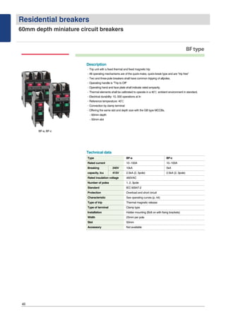40
Residential breakers
60mm depth miniature circuit breakers
BFtype
Type BF-a BF-c
Rated current 10~100A 10~100A
Breaking 240V 10kA 5kA
capacity, Icu 415V 2.5kA (2, 3pole) 2.5kA (2, 3pole)
Rated insulation voltage 460VAC
Number of poles 1, 2, 3pole
Standard IEC 60947-2
Protection Overload and short circuit
Characteristic See operating curves (p. 44)
Type of trip Thermal magnetic release
Type of terminal Clamp type
Installation Holder mounting (Bolt on with fixing brackets)
Width 25mm per pole
Slot 50mm
Accessory Not available
Technical data
Description
∙Trip unit with a fixed thermal and fixed magnetic trip
∙All operating mechanisms are of the quick-make, quick-break type and are "trip free"
∙Two and three-pole breakers shall have common tripping of allpoles.
∙Operating handle is "Trip to Off"
∙Operating hand and face plate shall indicate rated ampacity.
∙Thermal elements shall be calibrated to operate in a 40℃ ambient environment in standard.
∙Electrical durability: 10, 000 operations at In
∙Reference temperature: 40℃
∙Connection by clamp terminal
∙Offering the same slot and depth size with the GB type MCCBs.
- 60mm depth
- 50mm slot
BF-a, BF-c
 