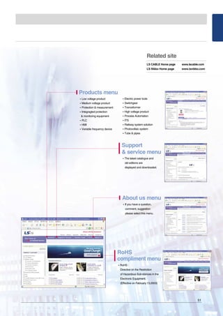Products menu
�Low voltage product
�Medium voltage product
�Protection & measurement
�Integragted protection
& monitoring equipment
�PLC
�HMI
�Variable frequency device
�Electric power tools
�Switchgear
�Tranceformer
�High voltage product
�Process Automation
�ITS
�Railway system solution
�Photovoltaic system
�Tube & pipes
Related site
LS CABLE Home page www.lscable.com
LS Nikko Home page www.lsnikko.com
Support
& service menu
�The latest catalogue and
old editions are
displayed and downloaded.
About us menu
�If you have a question,
comment, suggestion
please select this menu.
RoHS
compliment menu
�RoHS :
Directive on the Restriction
of Hazardous Sub-stances in the
Electronic Equipment.
(Effective on February 13.2003)
51
 