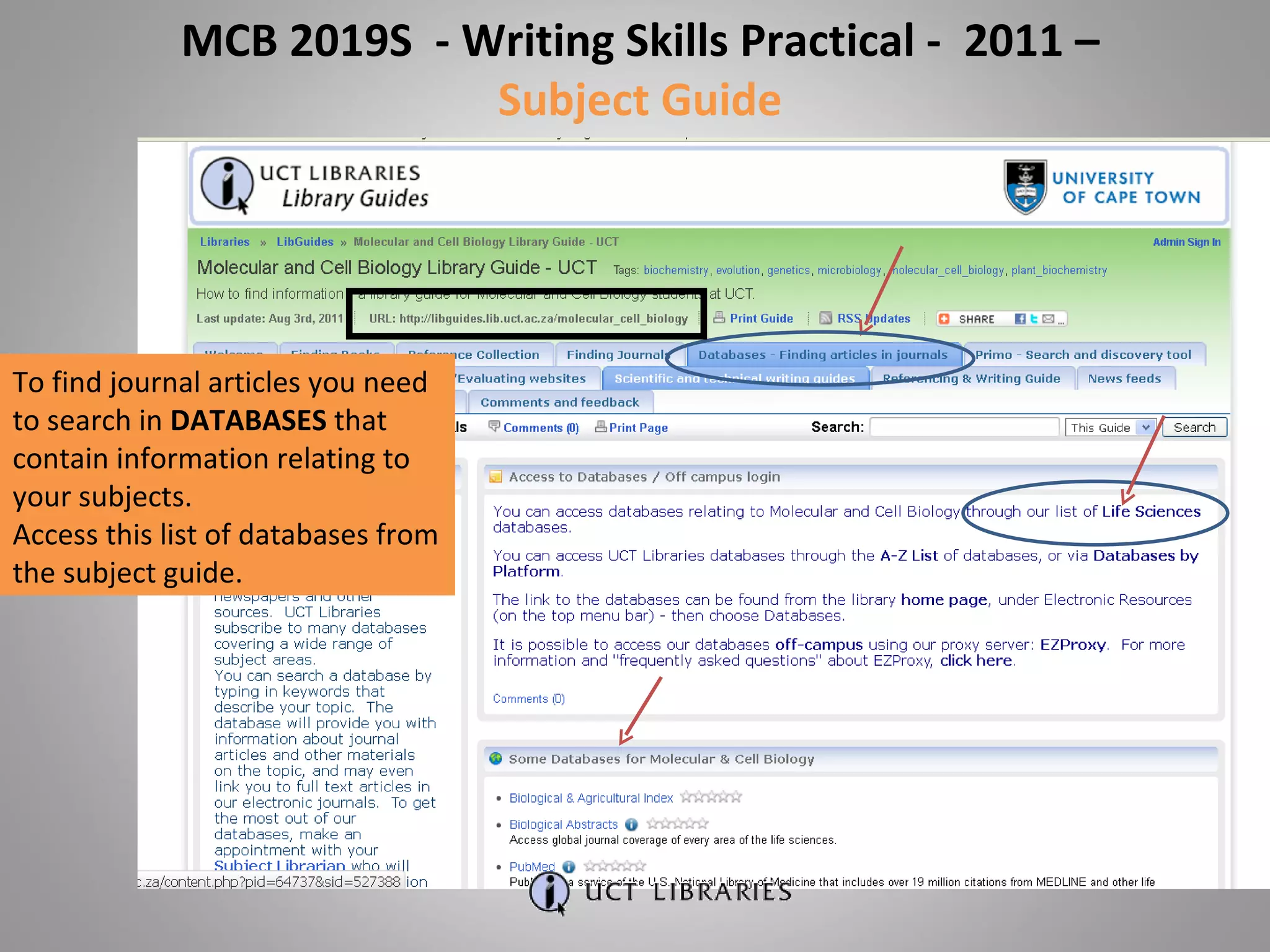 To find journal articles you need to search in  DATABASES  that contain information relating to your subjects. Access this list of databases from the subject guide. MCB 2019S  - Writing Skills Practical -  2011 –  Subject Guide 