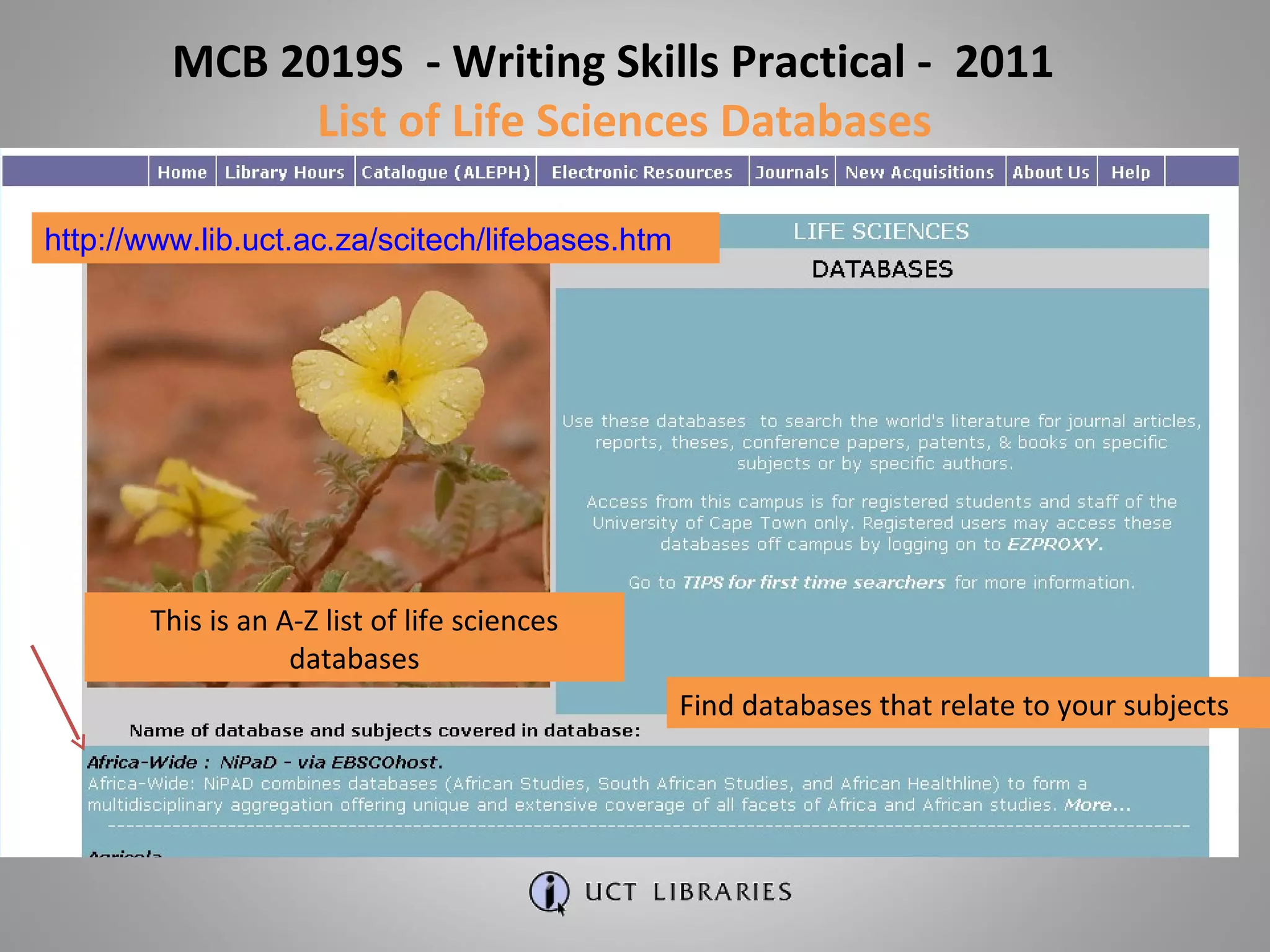 Find databases that relate to your subjects This is an A-Z list of life sciences databases MCB 2019S  - Writing Skills Practical -  2011  List of Life Sciences Databases http:// www.lib.uct.ac.za/scitech/lifebases.htm 
