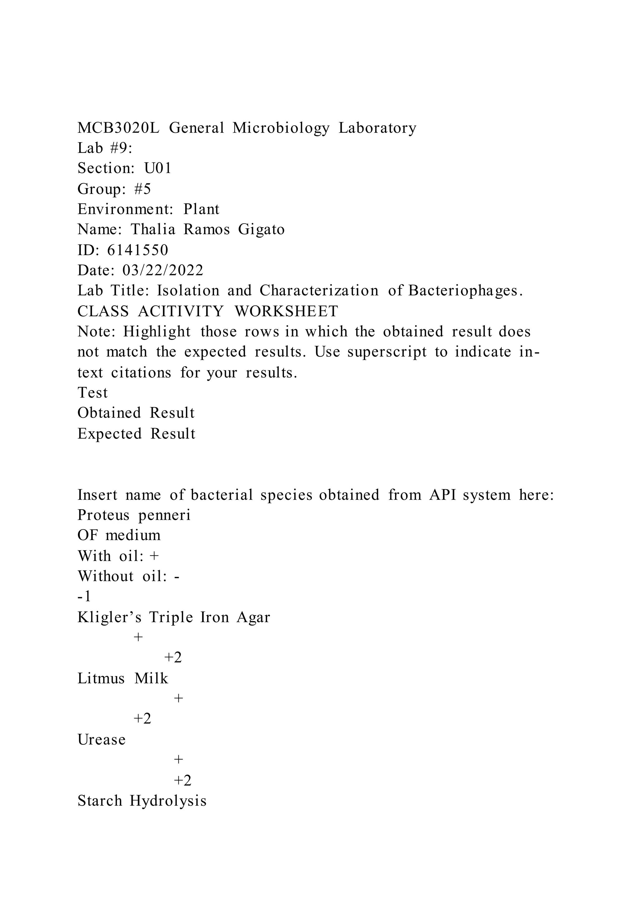 MCB3020L General Microbiology LaboratoryLab 9Section U01G PDF