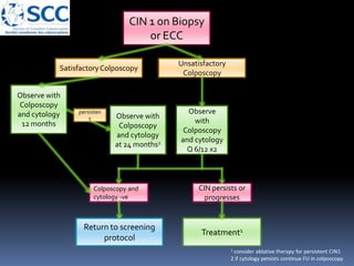 CIN 1 on Biopsy
or ECC
SatisfactoryColposcopy
Observe
with
Colposcopy
and cytology
Q 6/12 x2
Return to screening
protocol
Unsatisfactory
Colposcopy
Observe with
Colposcopy
and cytology
at 24 months2
Treatment1
1 consider ablative therapy for persistent CIN1
2 if cytology persists continue FU in colposcopy
Colposcopy and
cytology -ve
CIN persists or
progresses
Observe with
Colposcopy
and cytology
12 months
persisten
t
 
