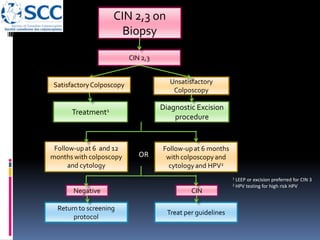 CIN 2,3 on
Biopsy
Return to screening
protocol
Diagnostic Excision
procedure
CIN 2,3
Treatment1
SatisfactoryColposcopy Unsatisfactory
Colposcopy
Follow-upat 6 and 12
months with colposcopy
and cytology
Follow-upat 6 months
with colposcopyand
cytologyand HPV2
OR
Treat per guidelines
CINNegative
1 LEEP or excision preferred for CIN 3
2 HPV testing for high risk HPV
 