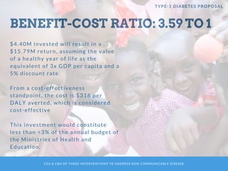 CEA & CBA OF THREE INTERVENTIONS TO ADDRESS NON-COMMUNICABLE DISEASE
BENEFIT-COST RATIO: 3.59 TO 1
TYPE-1 DIABETES PROPOSAL
$4.40M invested will result in a
$15.79M return, assuming the value
of a healthy year of life as the
equivalent of 3x GDP per capita and a
5% discount rate. 
From a cost-effectiveness
standpoint, the cost is $316 per
DALY averted, which is considered
cost-effective
This investment would constitute
less than <3% of the annual budget of
the Ministries of Health and
Education.
CEA & CBA OF THREE INTERVENTIONS TO ADDRESS NON-COMMUNICABLE DISEASE
 
