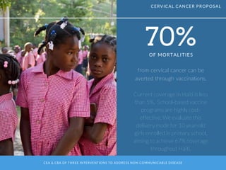 CEA & CBA OF THREE INTERVENTIONS TO ADDRESS NON-COMMUNICABLE DISEASE
70%OF MORTALITIES
from cervical cancer can be
averted through vaccinations.
Current coverage in Haiti is less
than 5%.  School-based vaccine
programs are highly cost-
effective. We evaluate this
delivery mode for 10 year-old
girls enrolled in primary school,
aiming to achieve 67% coverage
throughout Haiti.
CERVICAL CANCER PROPOSAL
 