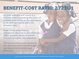 CEA & CBA OF THREE INTERVENTIONS TO ADDRESS NON-COMMUNICABLE DISEASE
BENEFIT-COST RATIO: 2.72 TO 1
CERVICAL CANCER PROPOSAL
$2.03M invested will result in a
$5.52M return, assuming the value of
a health year of life as the equivalent
of 3x GDP per capita and a 5%
discount rate. 
From a cost-effectiveness
standpoint, the cost is only $134 per
DALY averted, which should be
considered highly cost-effective
This investment would constitute
less than 1% of the annual budget of
the Ministries of Health and
Education.
 