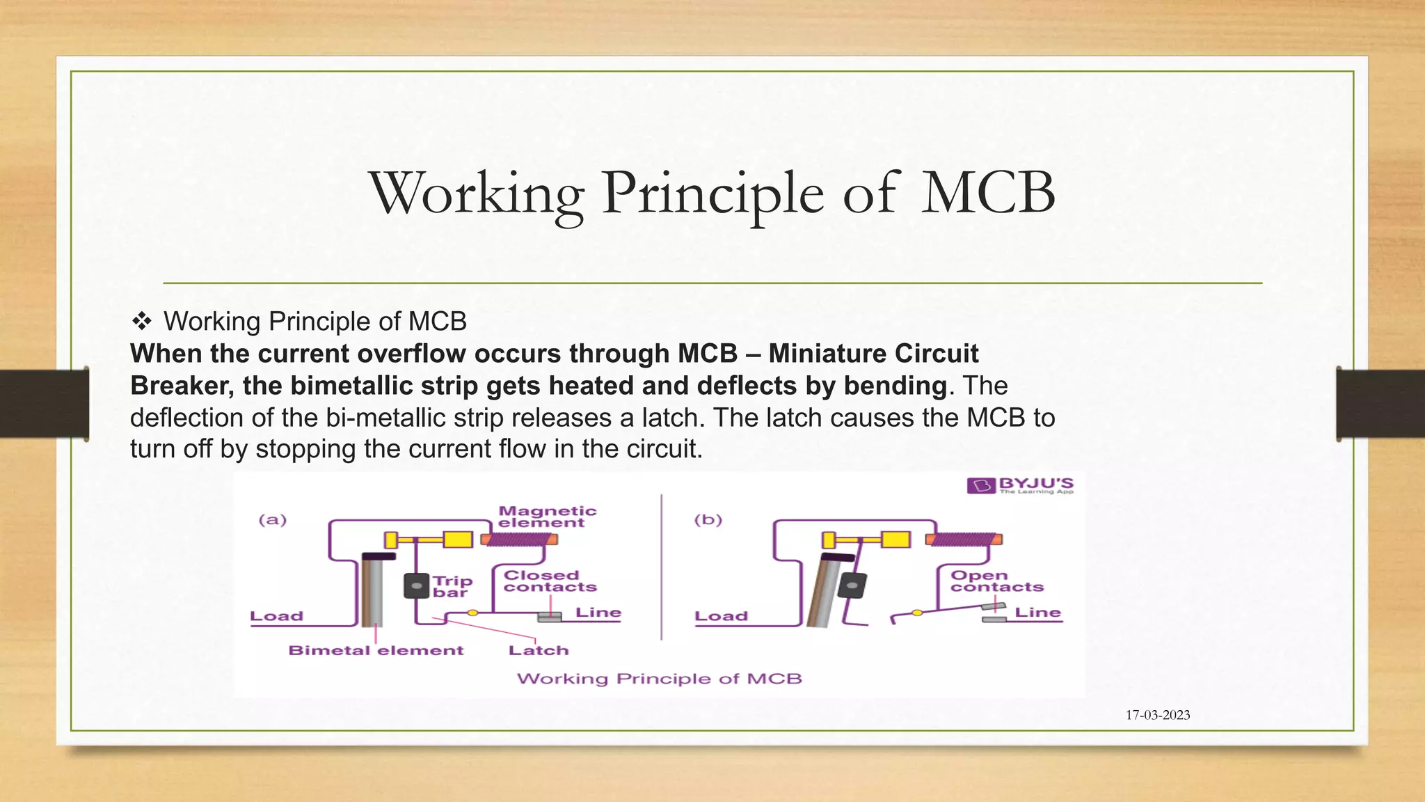 Working Principle of MCB
17-03-2023
 Working Principle of MCB
When the current overflow occurs through MCB – Miniature Circuit
Breaker, the bimetallic strip gets heated and deflects by bending. The
deflection of the bi-metallic strip releases a latch. The latch causes the MCB to
turn off by stopping the current flow in the circuit.
 