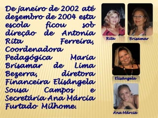 De janeiro de 2002 até
dezembro de 2004 esta
escola    ficou     sob
direção de Antonia
                          Rita     Brisamar
Rita          Ferreira,
Coordenadora
Pedagógica       Maria
Brisamar     de   Lima
Bezerra,       diretora
                             Elisângela
Financeira Elisângela
Sousa     Campos      e
Secretária Ana Márcia
Furtado Milhome.
                             Ana Márcia
 